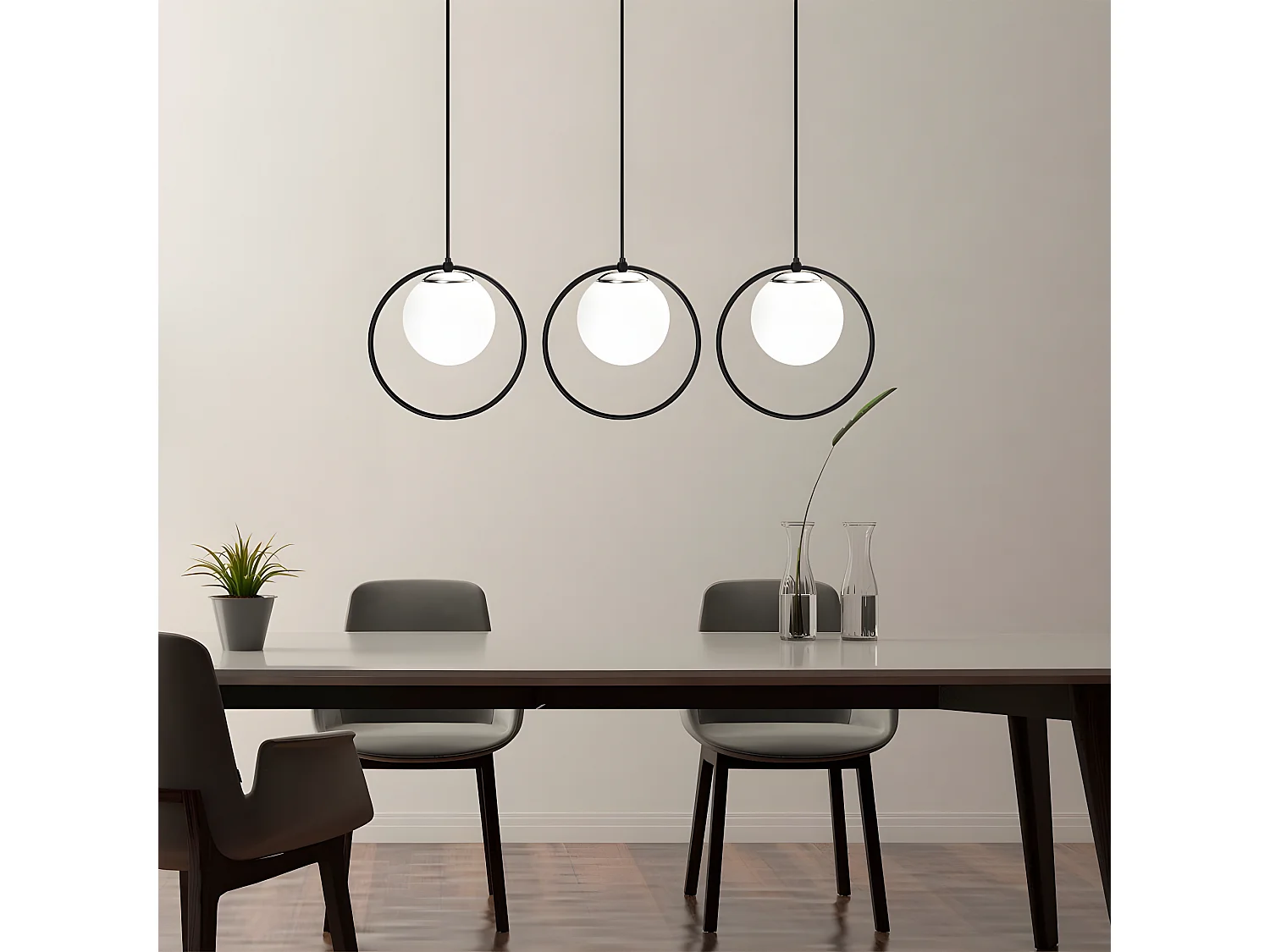 Suspension linéaire Escott noire en forme d'anneau et 3 sphères en verre 3xE27