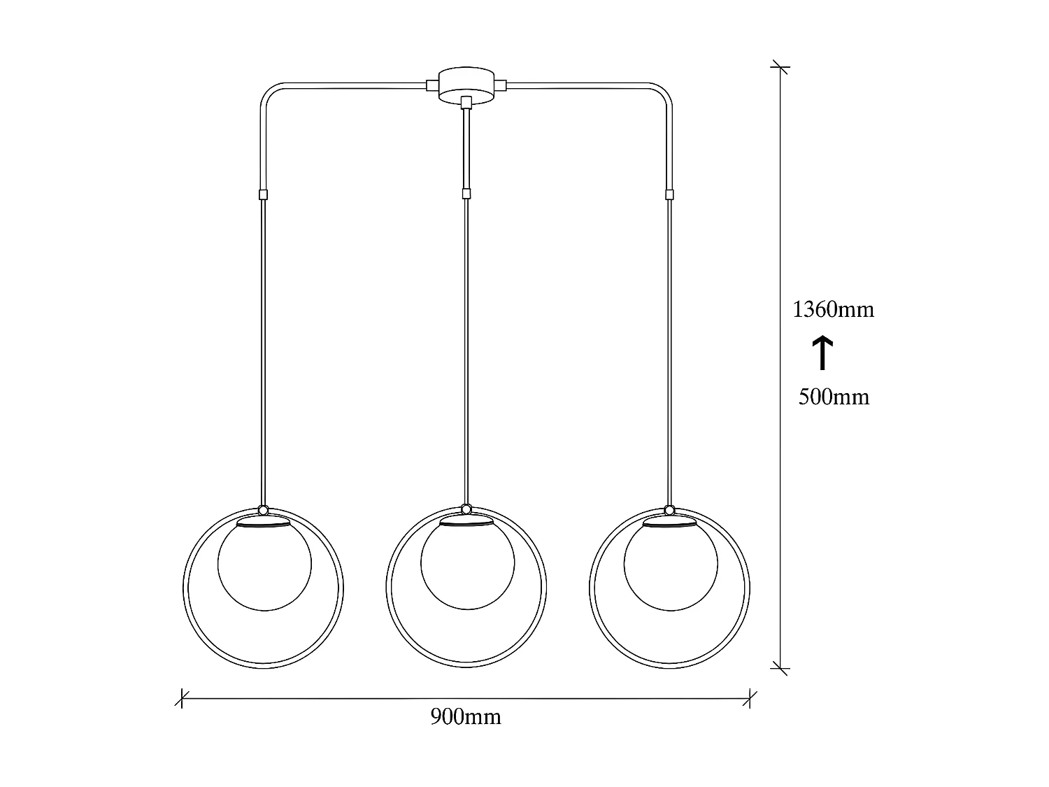 Suspension linéaire Escott noire en forme d'anneau et 3 sphères en verre 3xE27