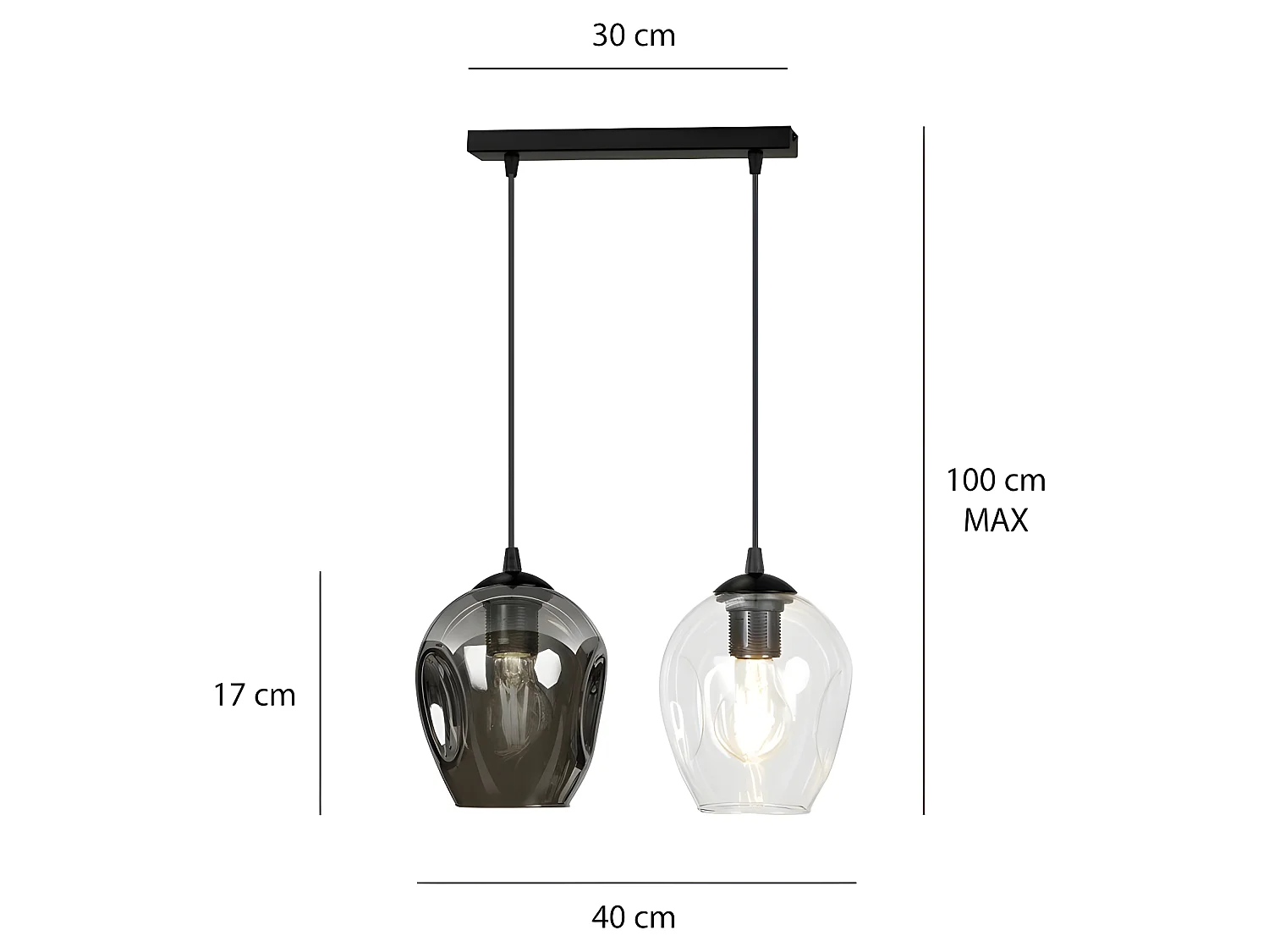 Plafonnier Domos moderne noire et 2 abat-jour en verre miroir gris 2xE27