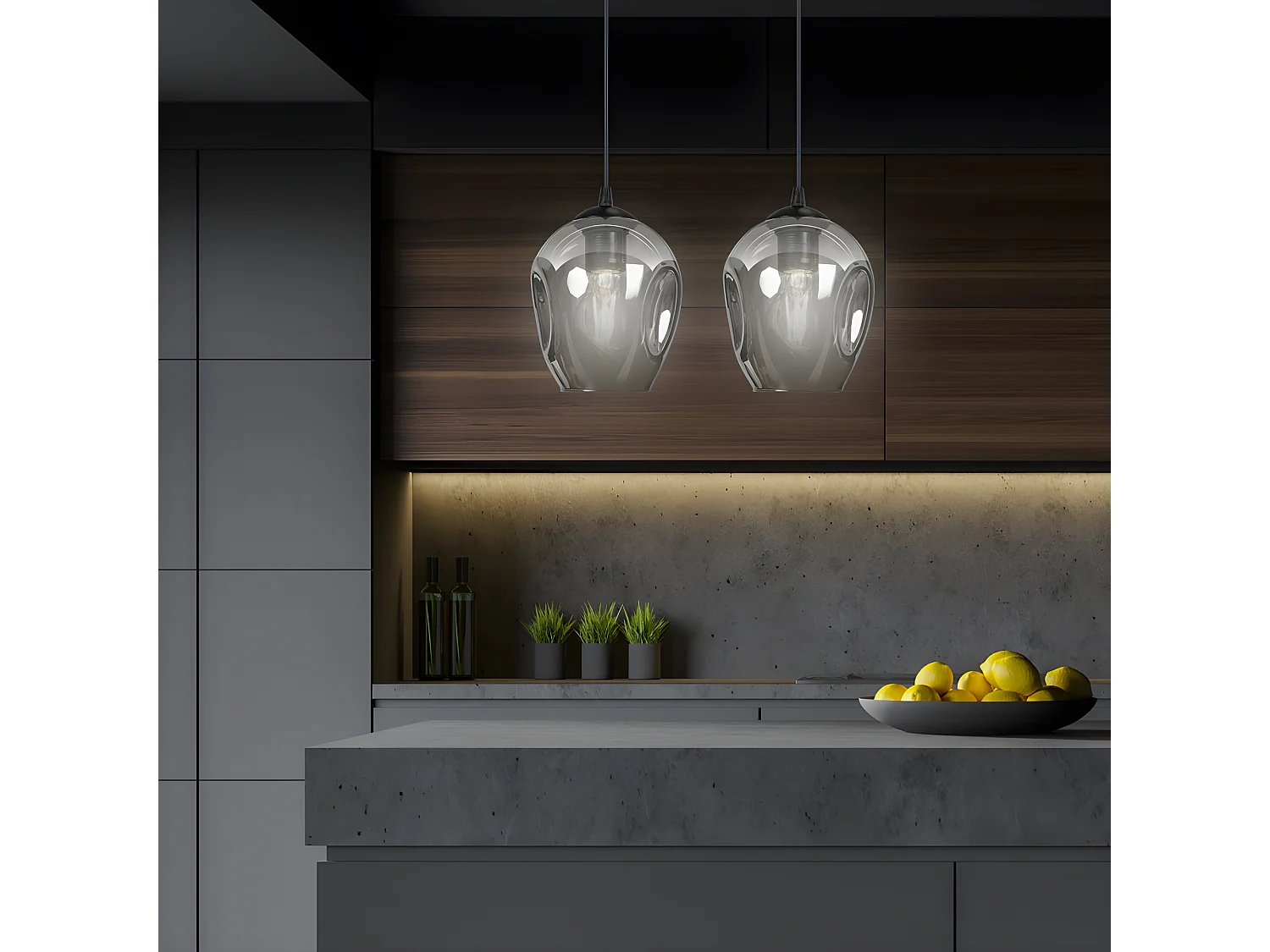 Plafonnier Domos moderne noire et 2 abat-jour en verre miroir gris 2xE27