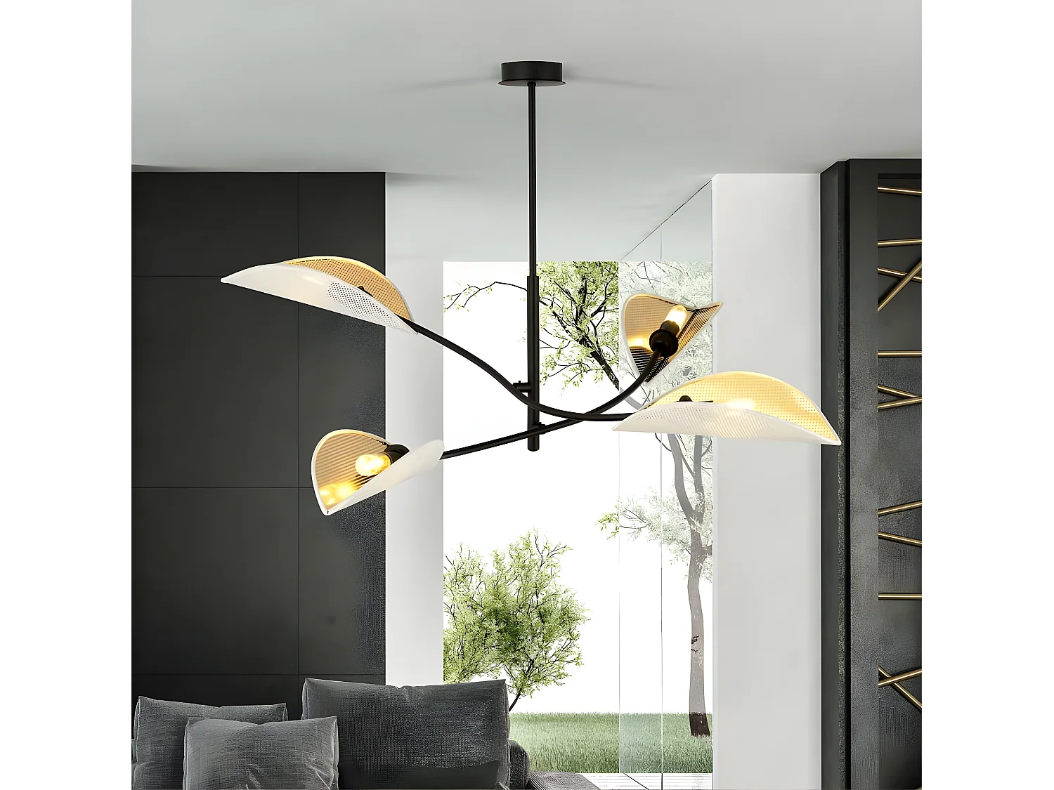 Lampadario Flik con 4 paralumi in tessuto a forma di foglia bianco e dorato 4xE14 ø102