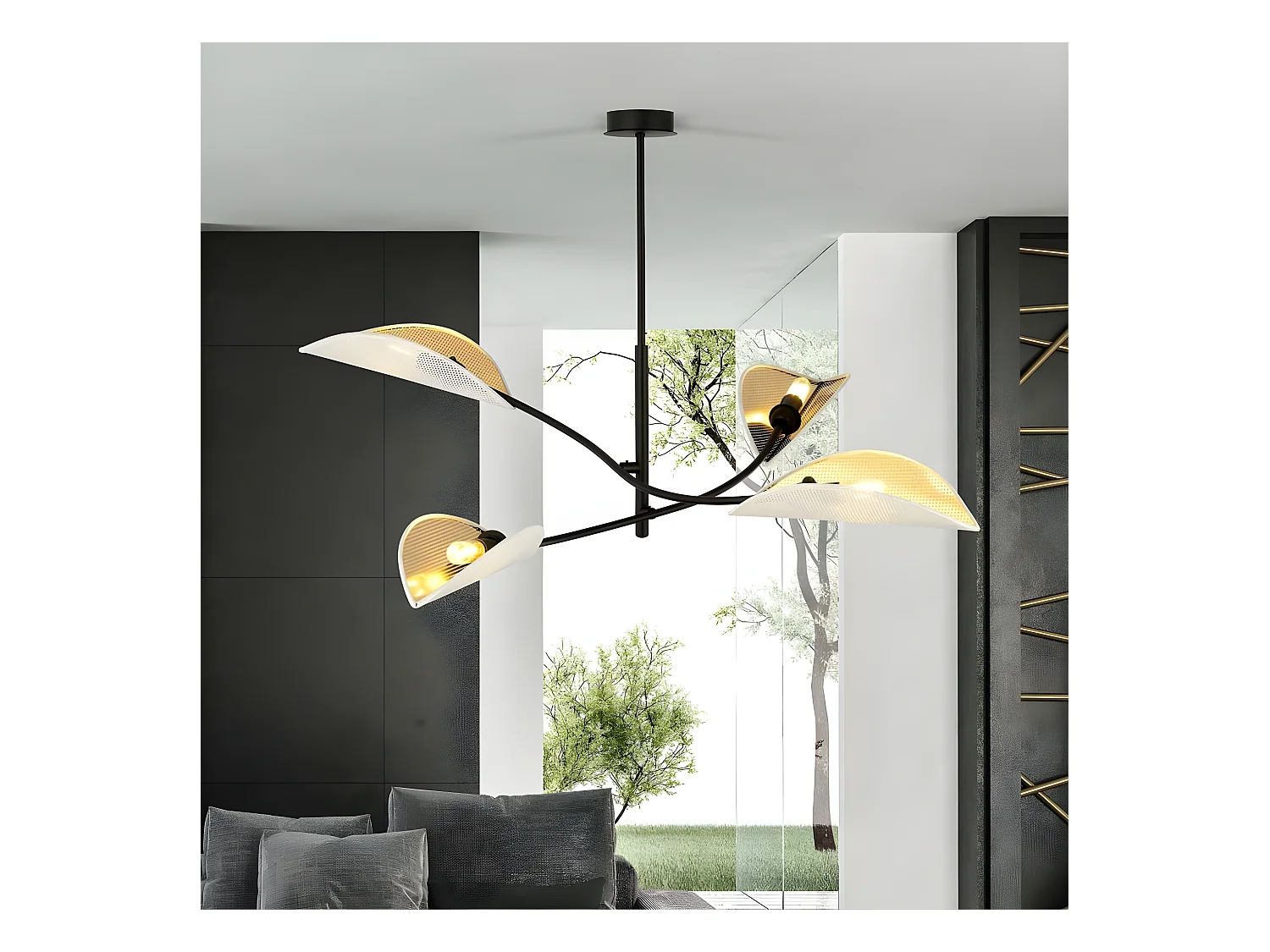 Lustre Flik avec 4 abat-jour en tissu en forme de feuille blanc et doré 4xE14 ø102
