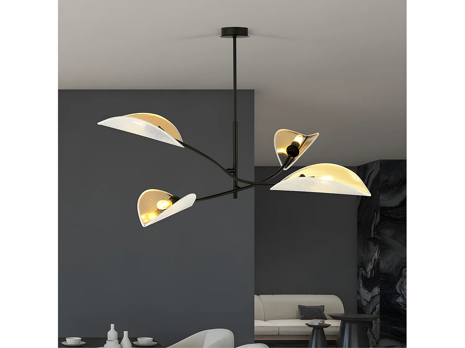 Lustre Flik avec 4 abat-jour en tissu en forme de feuille blanc et doré 4xE14 ø102