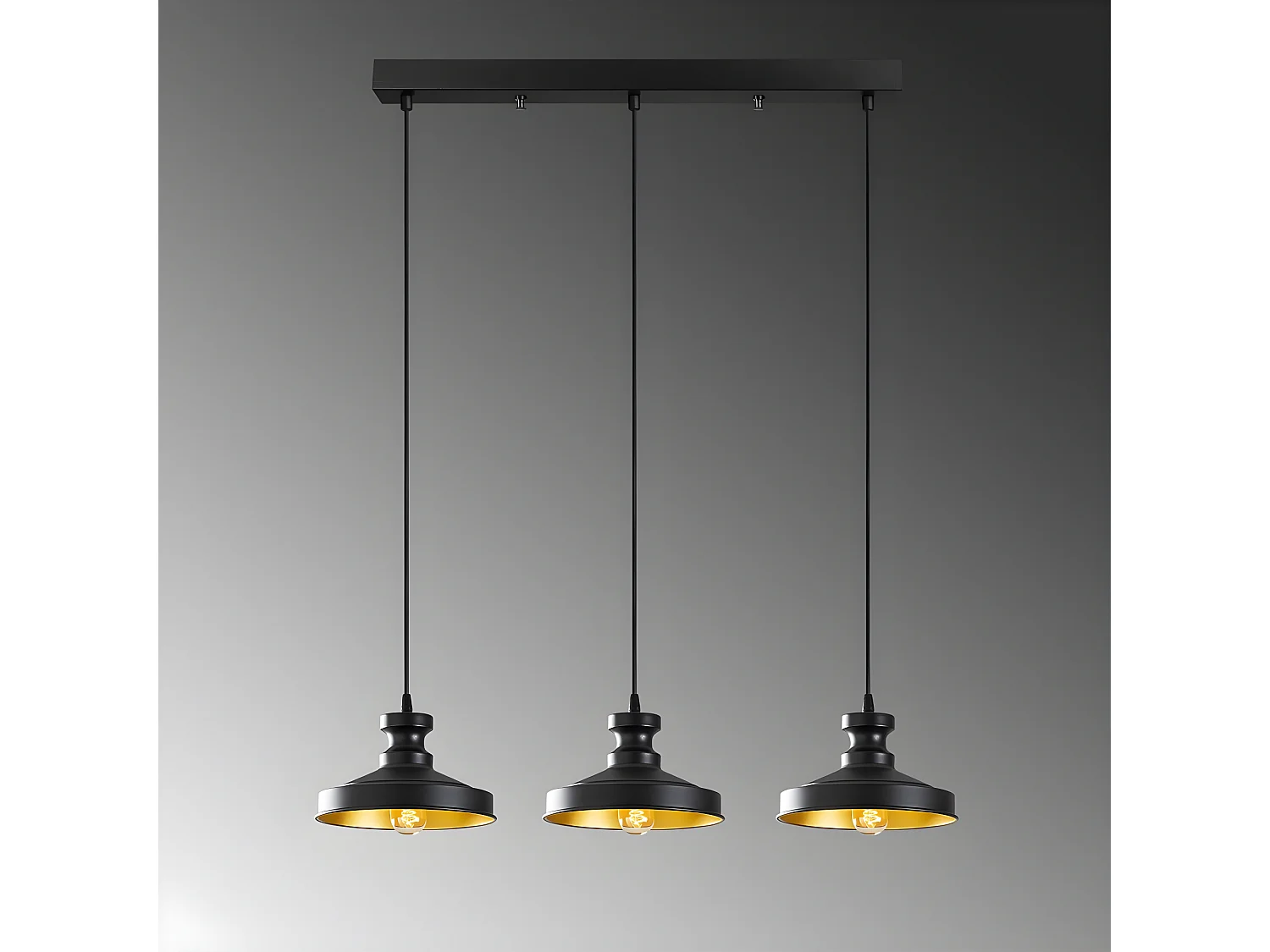 Vintage - Pendelleuchte  Harvey mit 3 schwarzen Lampenschirmen 3xE27