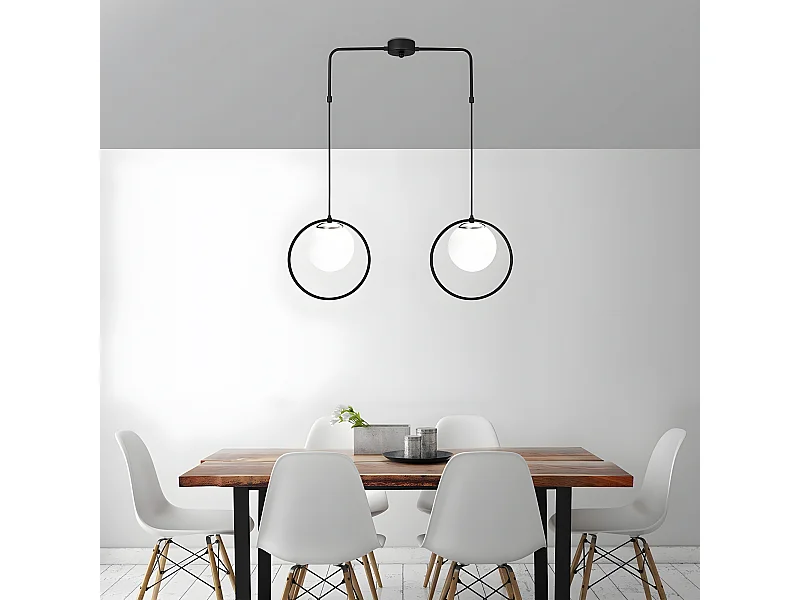 Candeeiro suspenso preto Escott com forma de anel e 2 bolas de vidro 2xE27