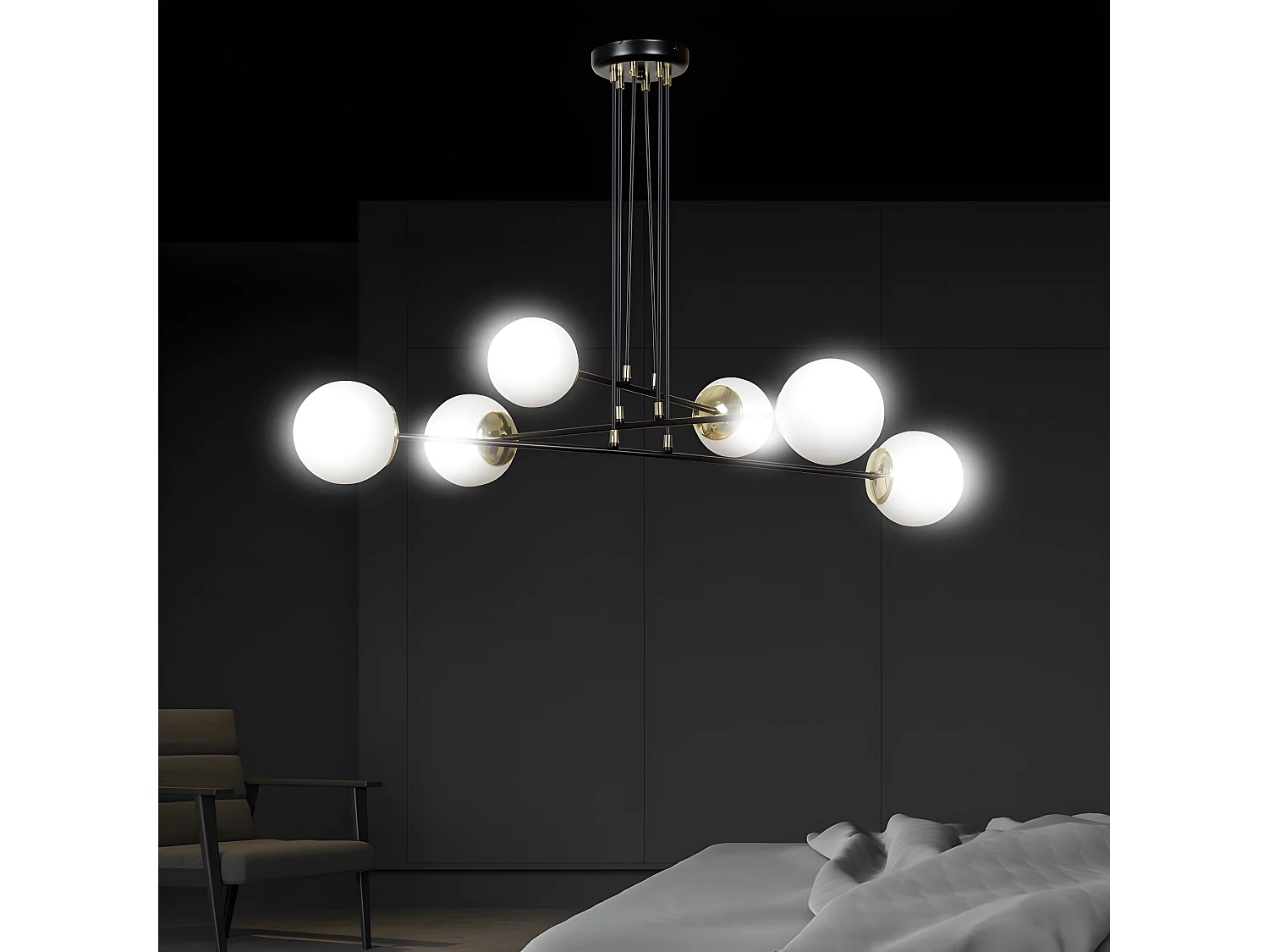 Lampada a sospensione Signo con barre in metallo nero e 4 sfere in vetro 6xE14 ø90cm