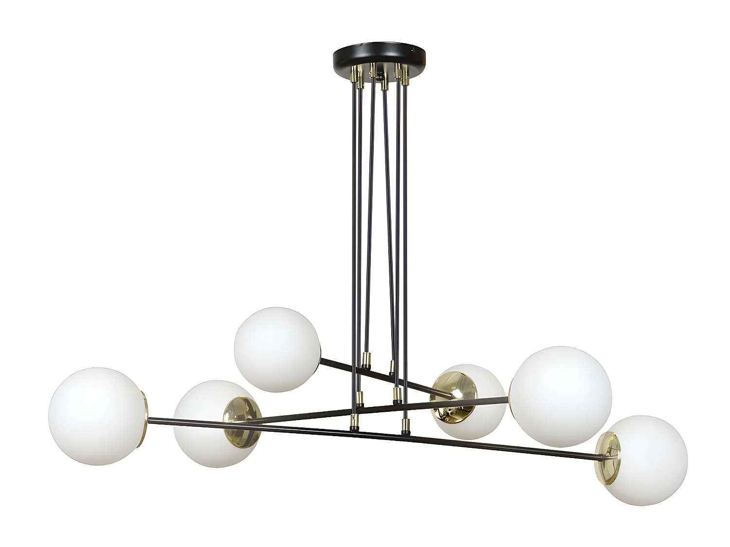 Suspension Signo avec barres en métal noir et 4 sphères en verre 6xE14 ø90cm
