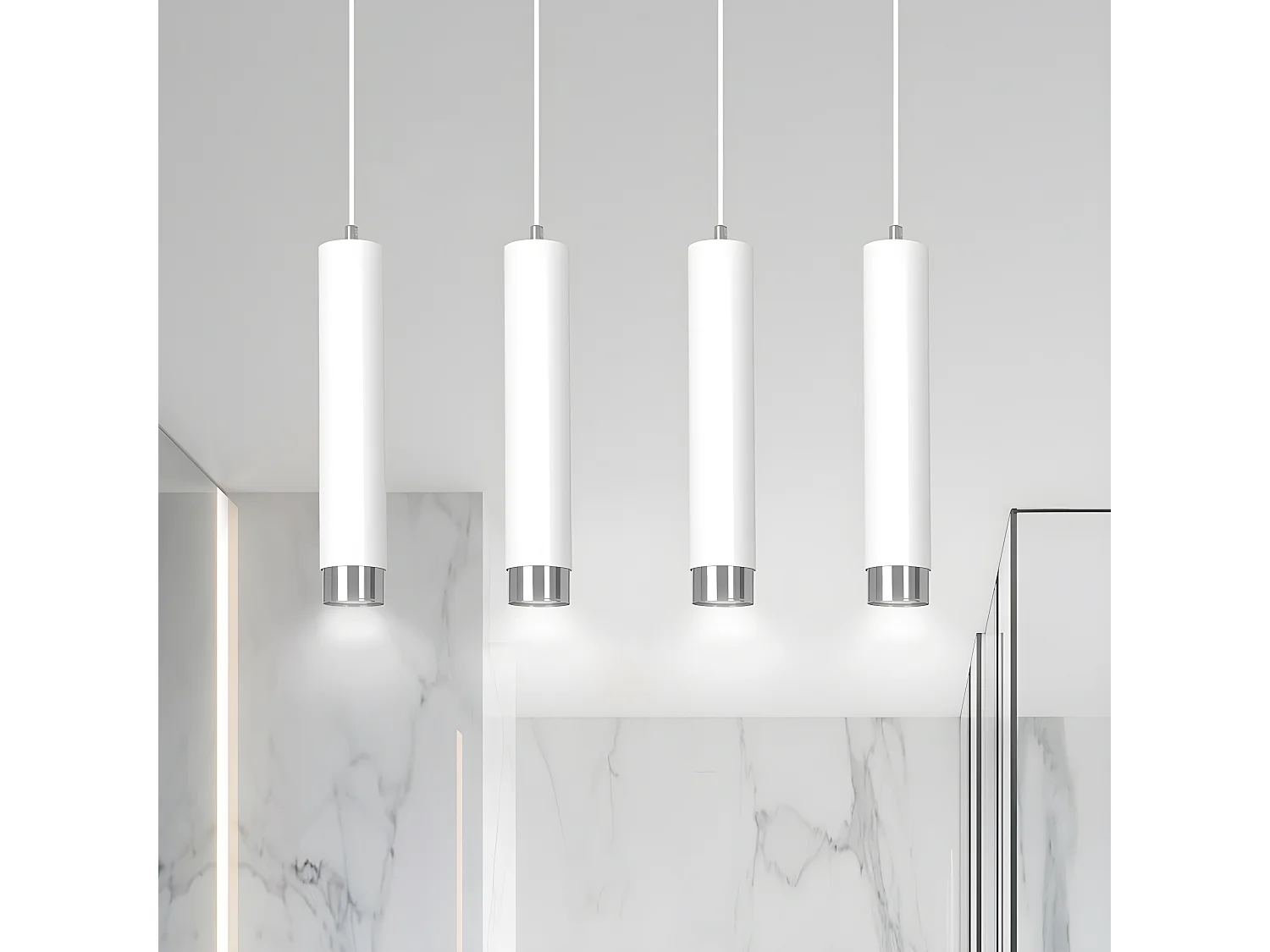 Hanglamp Mura met 4 witte en verchroomde cilindervormige lampenkappen 4xGU10