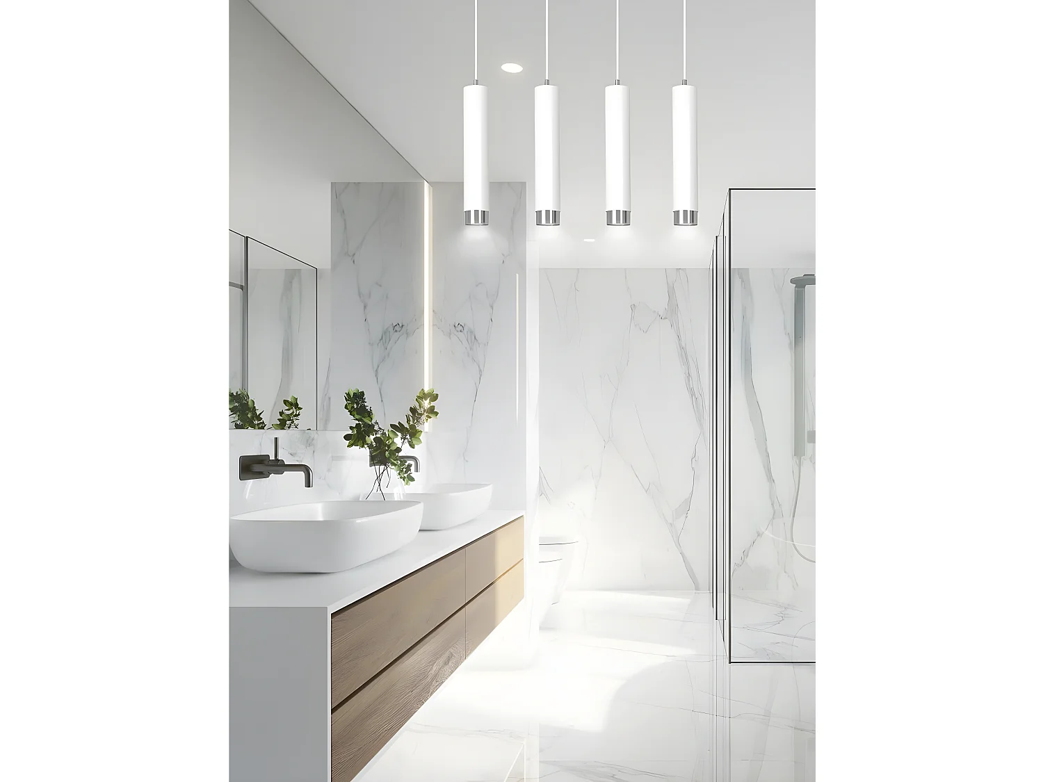 Suspension moderne Mura avec 4 abat-jour cylindriques blancs et chromés 4xGU10