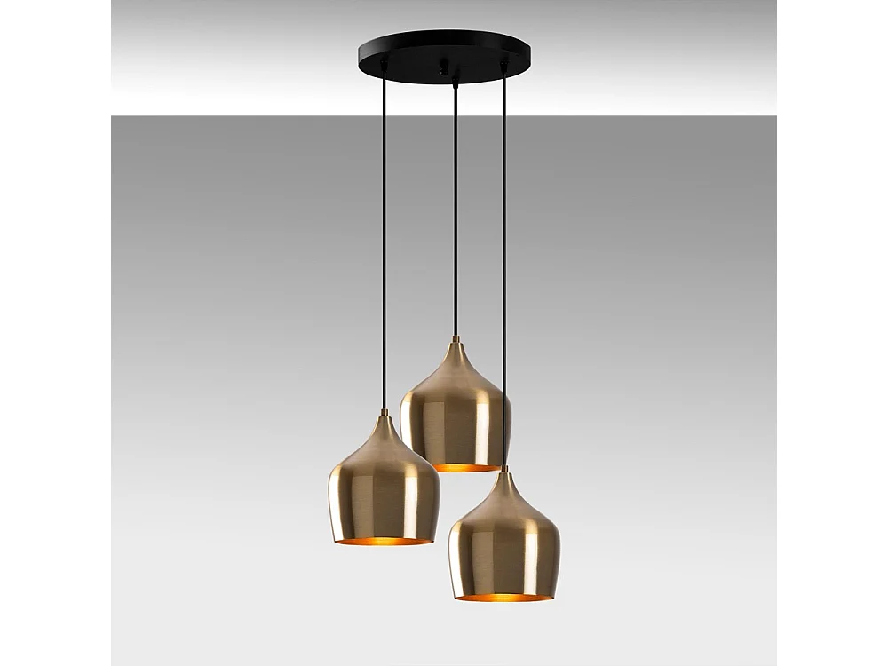 Suspension rétro Momo avec 3 abat-jour dorés vintage 3xE27 ø46cm