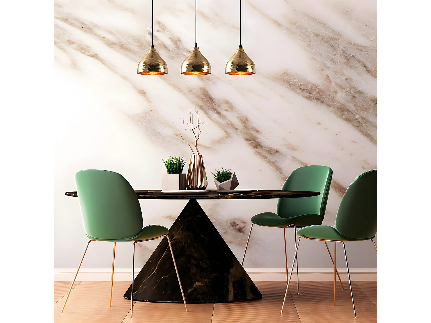 Suspension linéaire Asney avec 3 abat-jour vintage en métal doré 3xE27