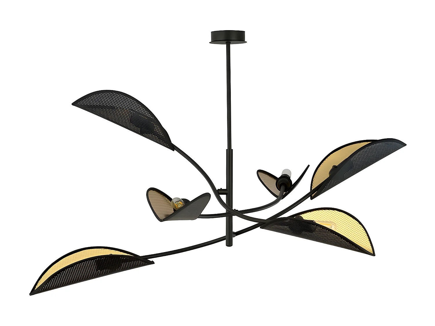 Lámpara de araña Flik con 6 pantallas de tela en forma de hoja negro y dorado 6xE14 ø102cm