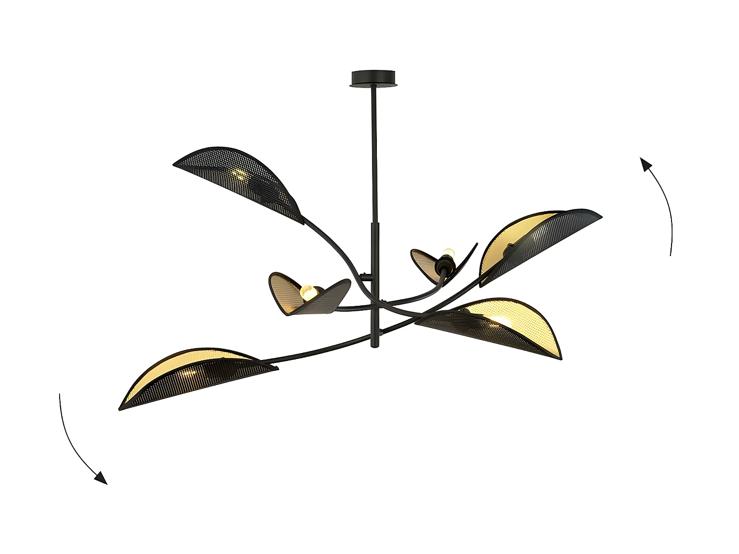 Lámpara de araña Flik con 6 pantallas de tela en forma de hoja negro y dorado 6xE14 ø102cm