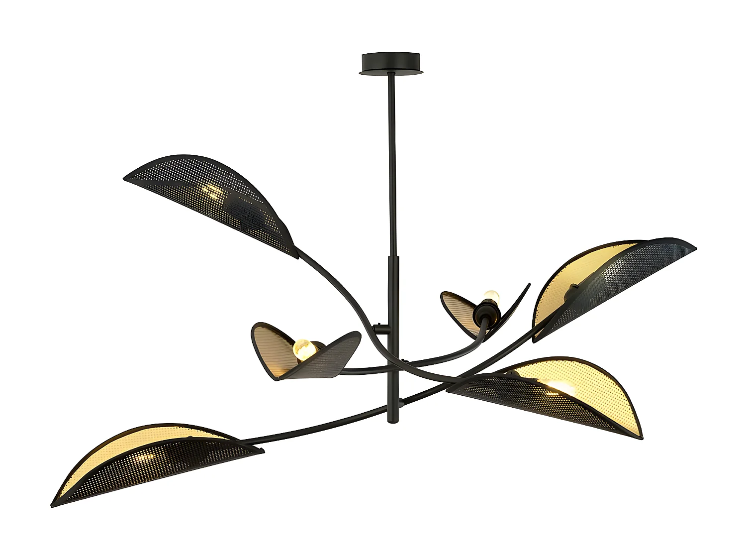 Lámpara de araña Flik con 6 pantallas de tela en forma de hoja negro y dorado 6xE14 ø102cm