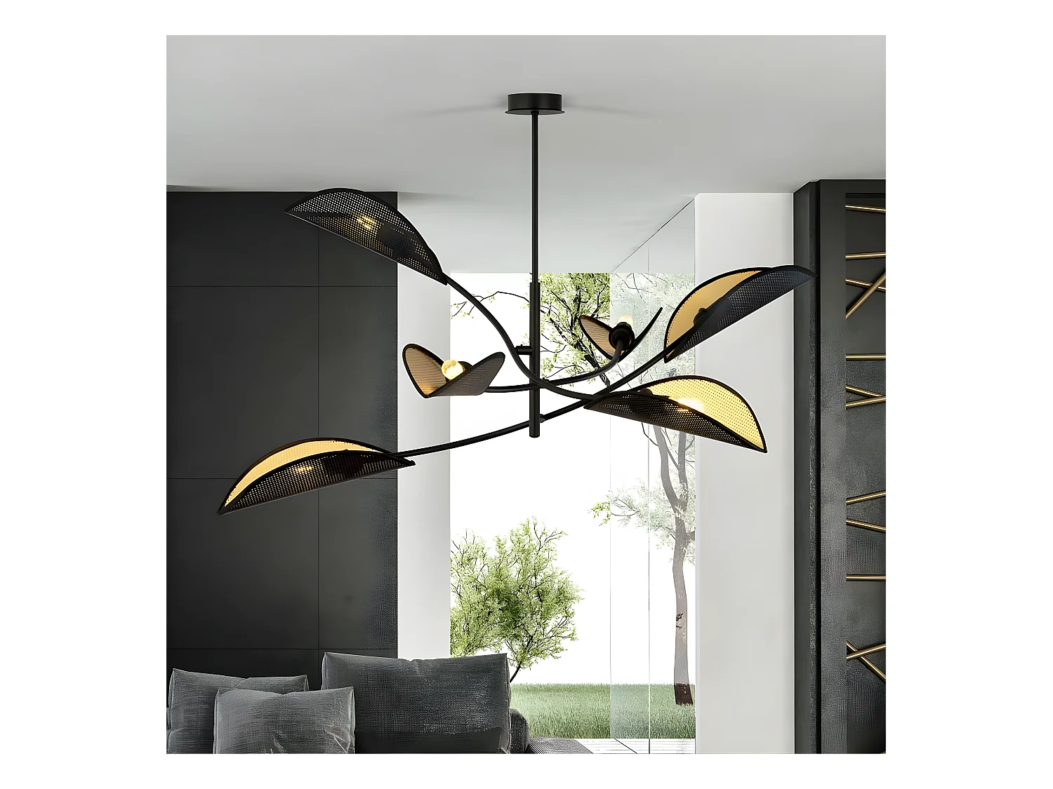 Lustre Flik avec 6 abat-jour en tissu en forme de feuille noir et doré 6xE14 ø102cm