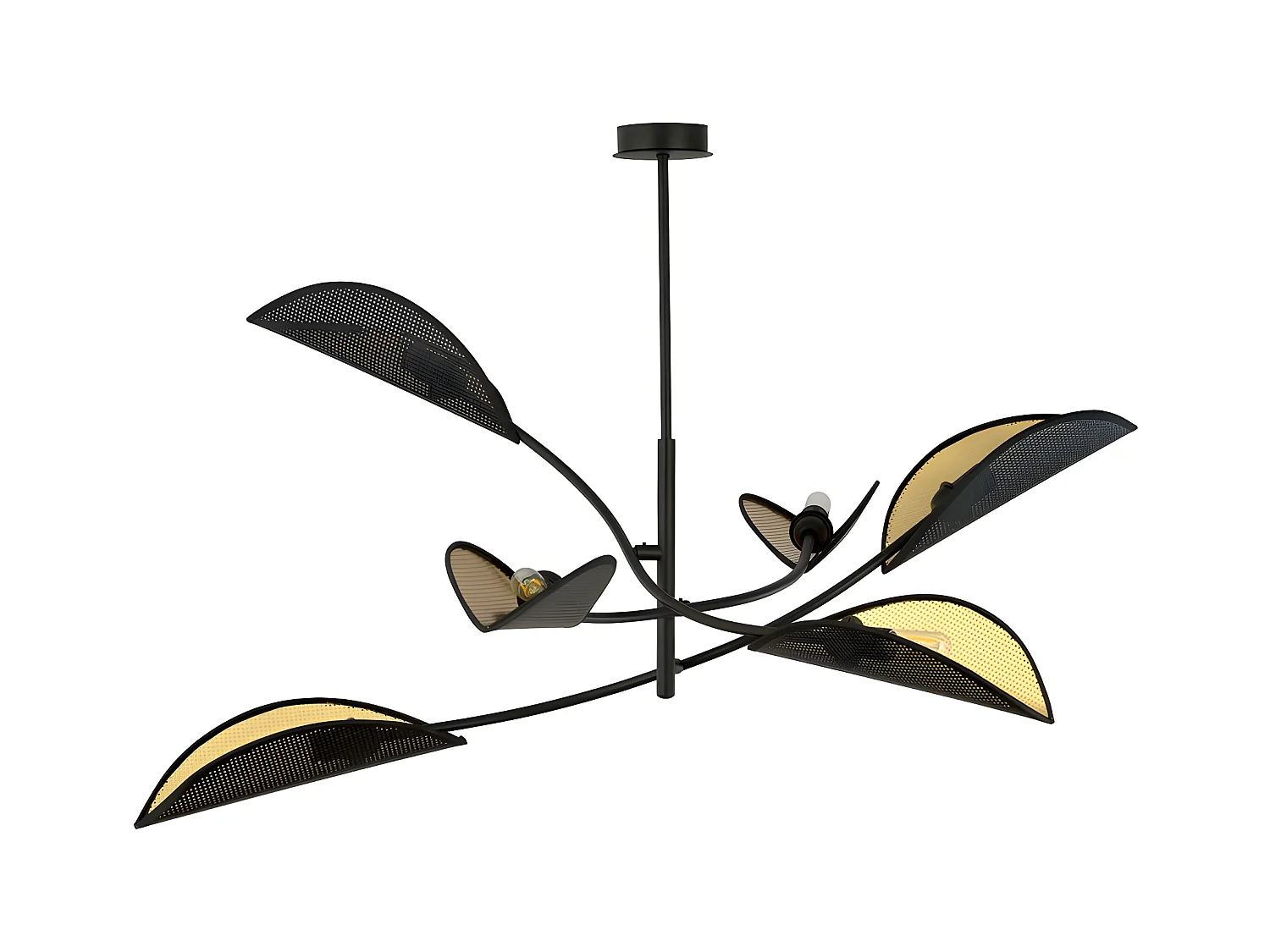 Lustre Flik avec 6 abat-jour en tissu en forme de feuille noir et doré 6xE14 ø102cm