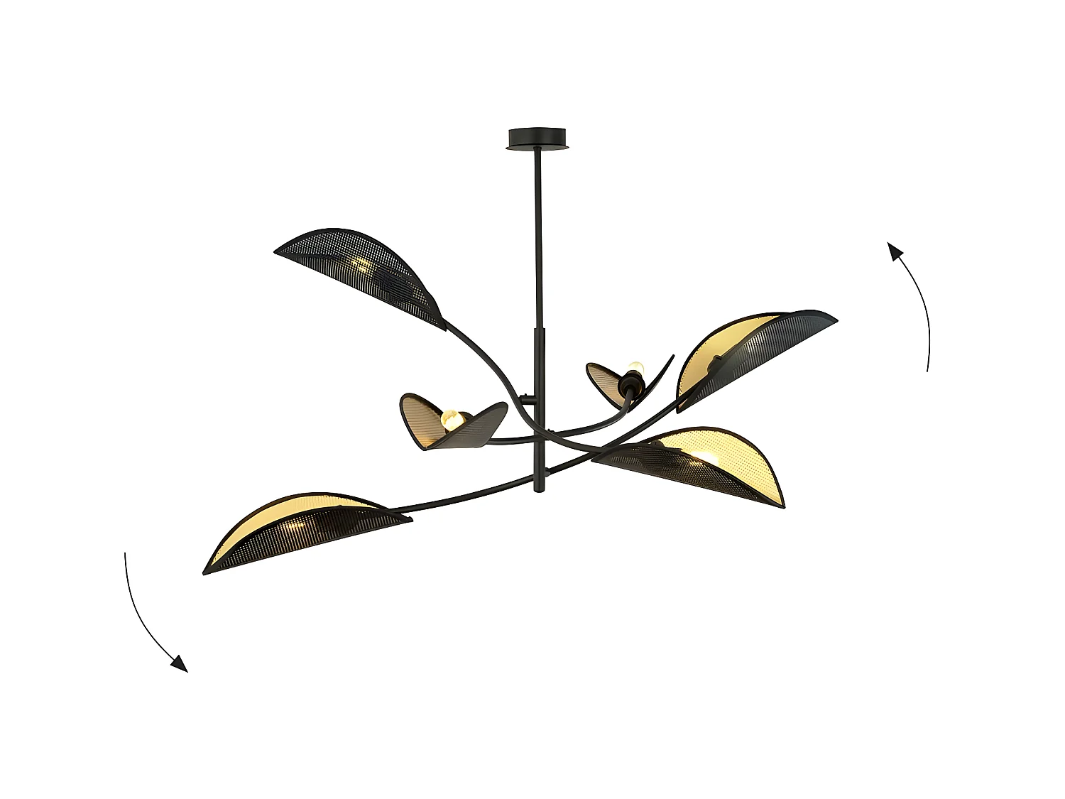 Lustre Flik avec 6 abat-jour en tissu en forme de feuille noir et doré 6xE14 ø102cm