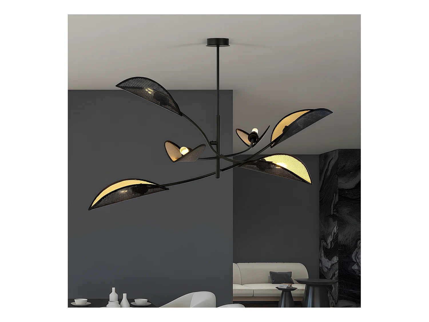 Lustre Flik avec 6 abat-jour en tissu en forme de feuille noir et doré 6xE14 ø102cm