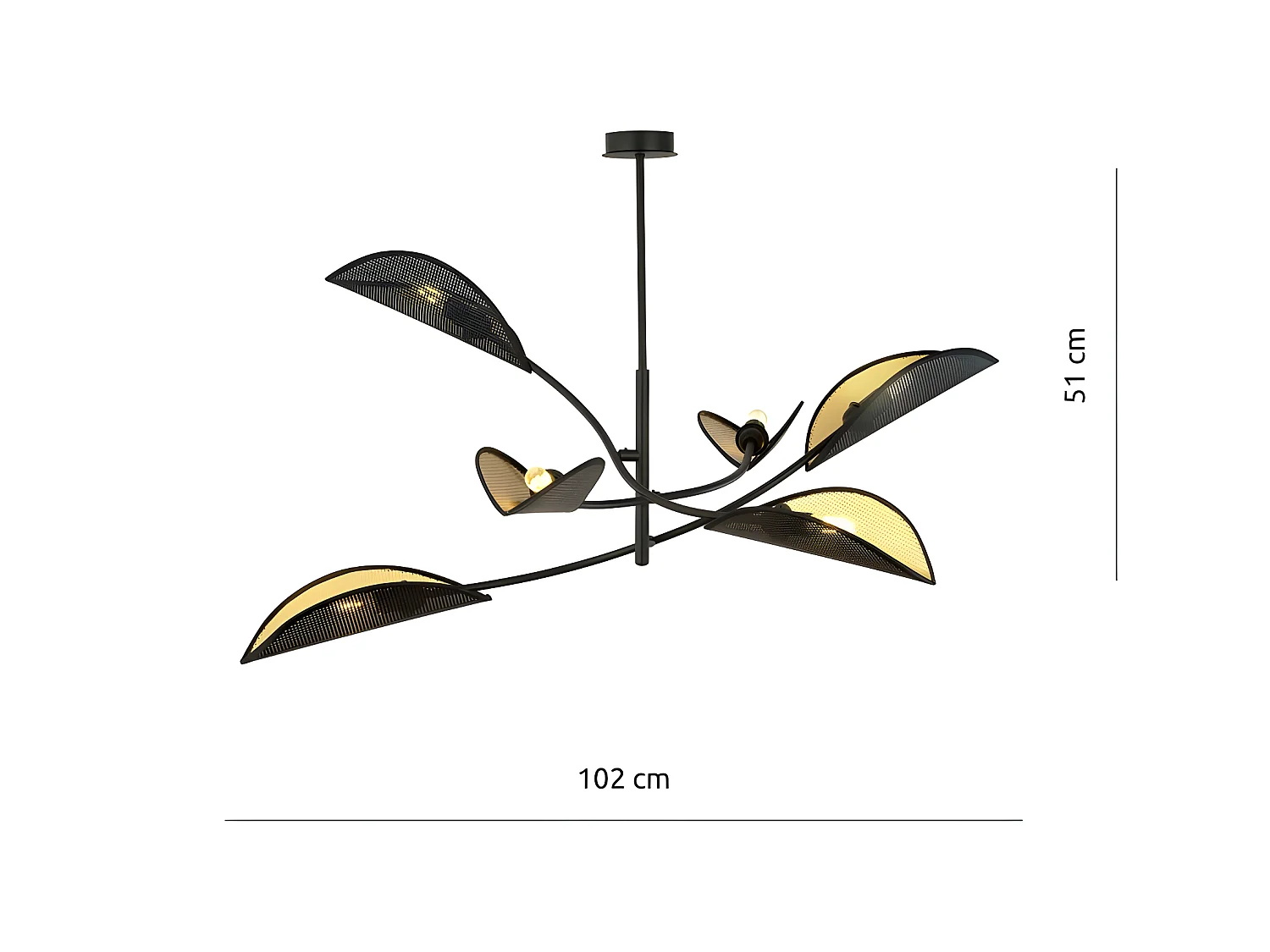 Lustre Flik avec 6 abat-jour en tissu en forme de feuille noir et doré 6xE14 ø102cm