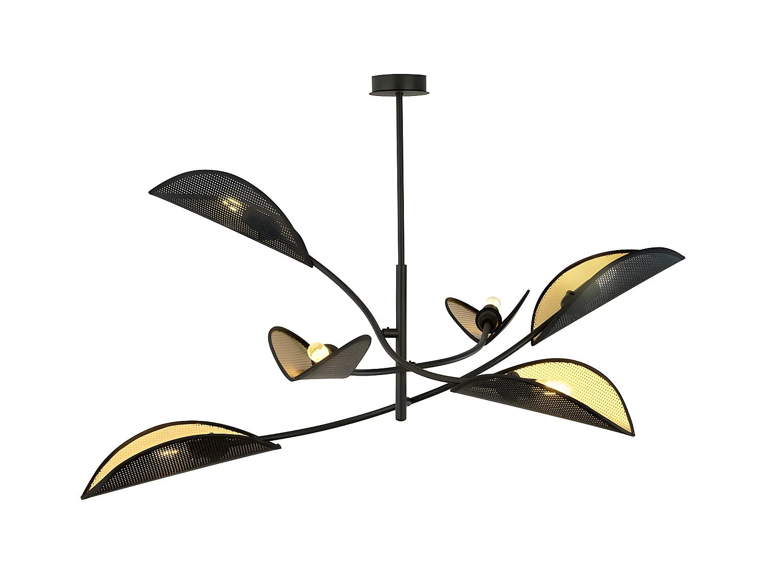 Lustre Flik avec 6 abat-jour en tissu en forme de feuille noir et doré 6xE14 ø102cm