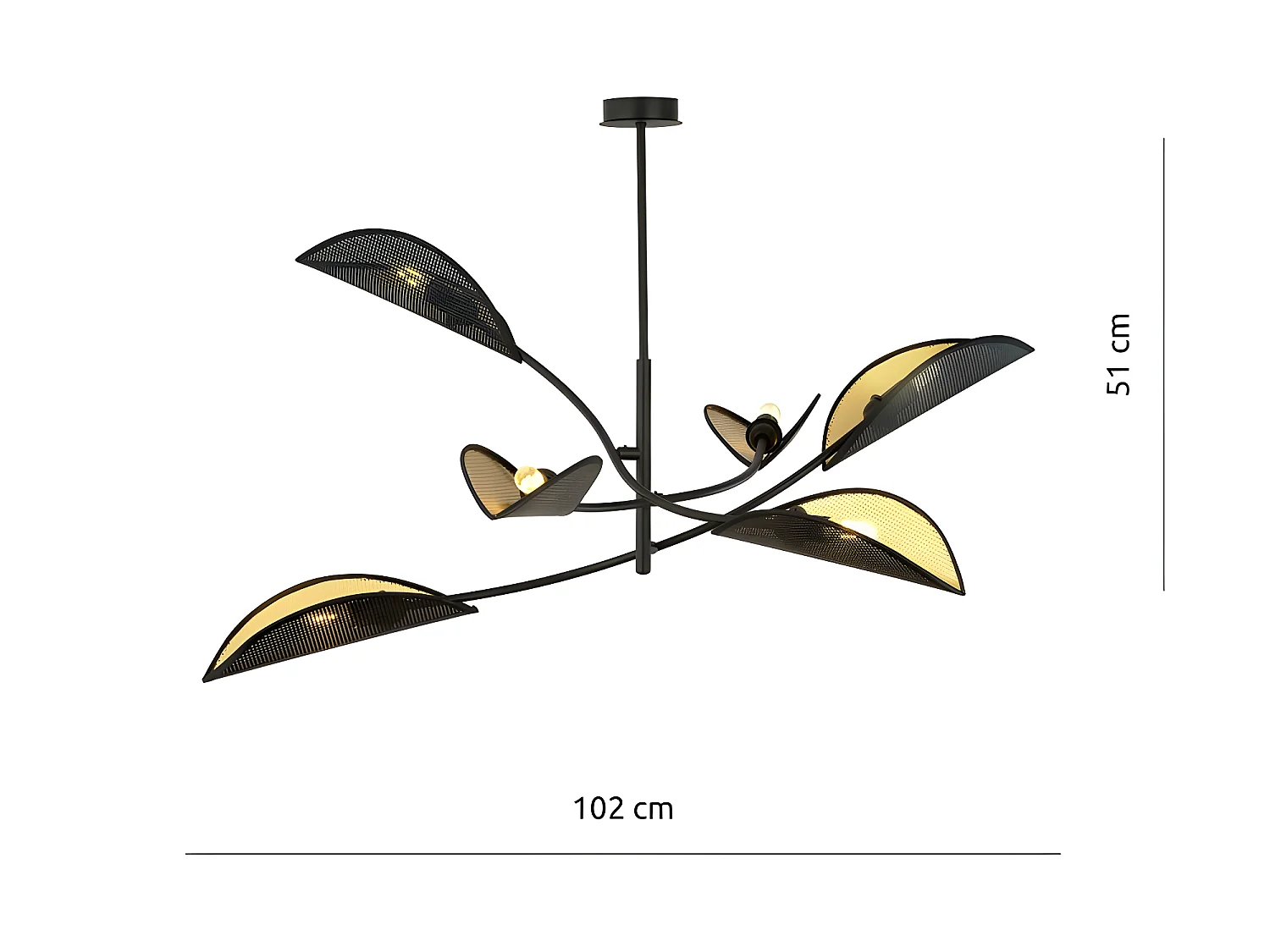 Kroonluchter Flik met 6 zwarte en bladgoudvormige stoffen lampenkappen E14 ø102