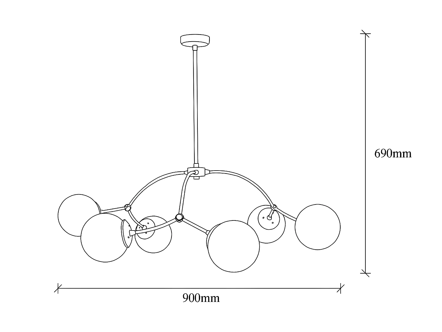 Moderne Deckenleuchte Mosoma mit schwarzer Metallstruktur und 6 Kugeln 6xE27 ø90cm