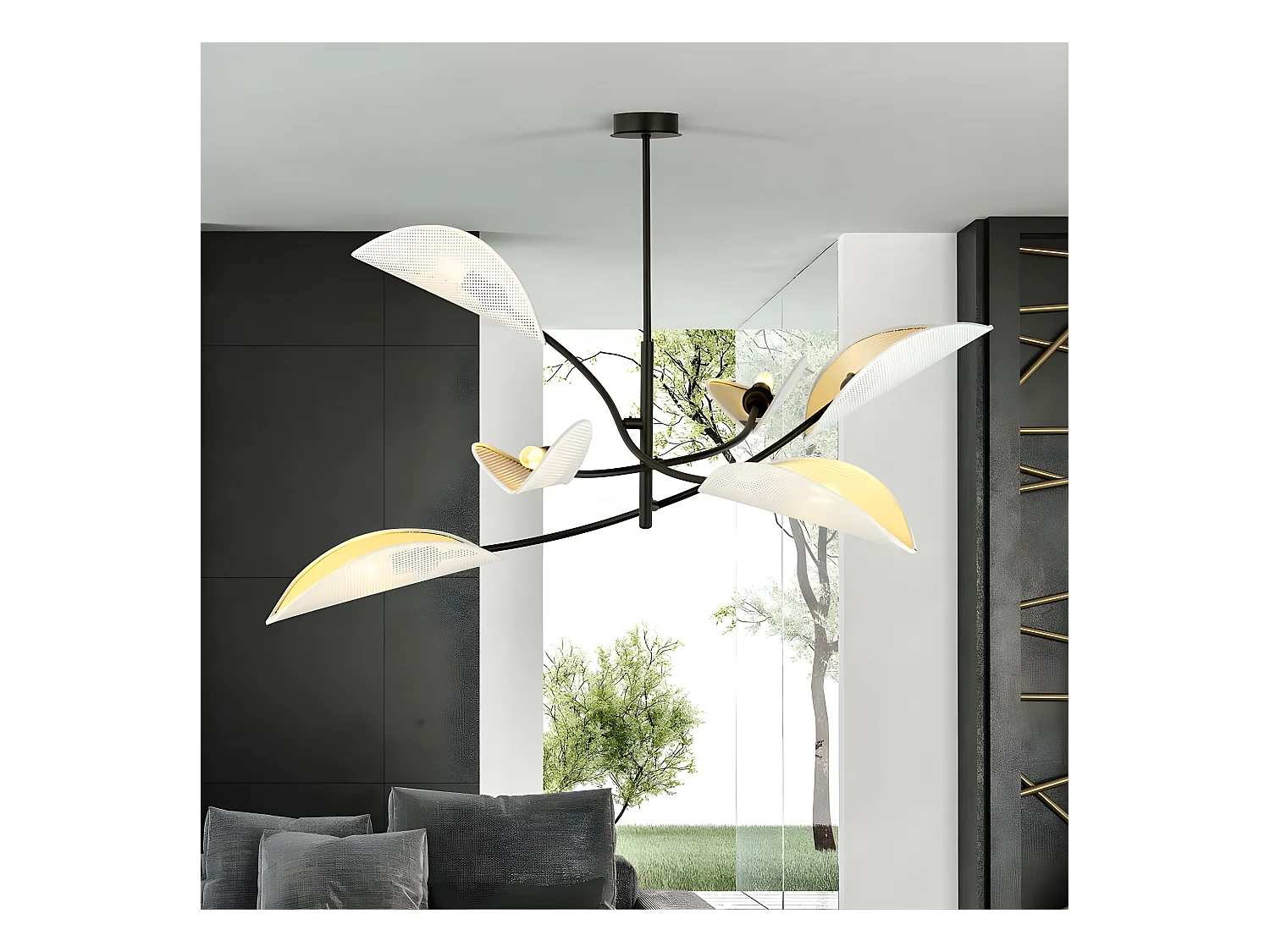 Lustre Flik avec 6 abat-jour en tissu en forme de feuille blanc et doré 6xE14 ø102