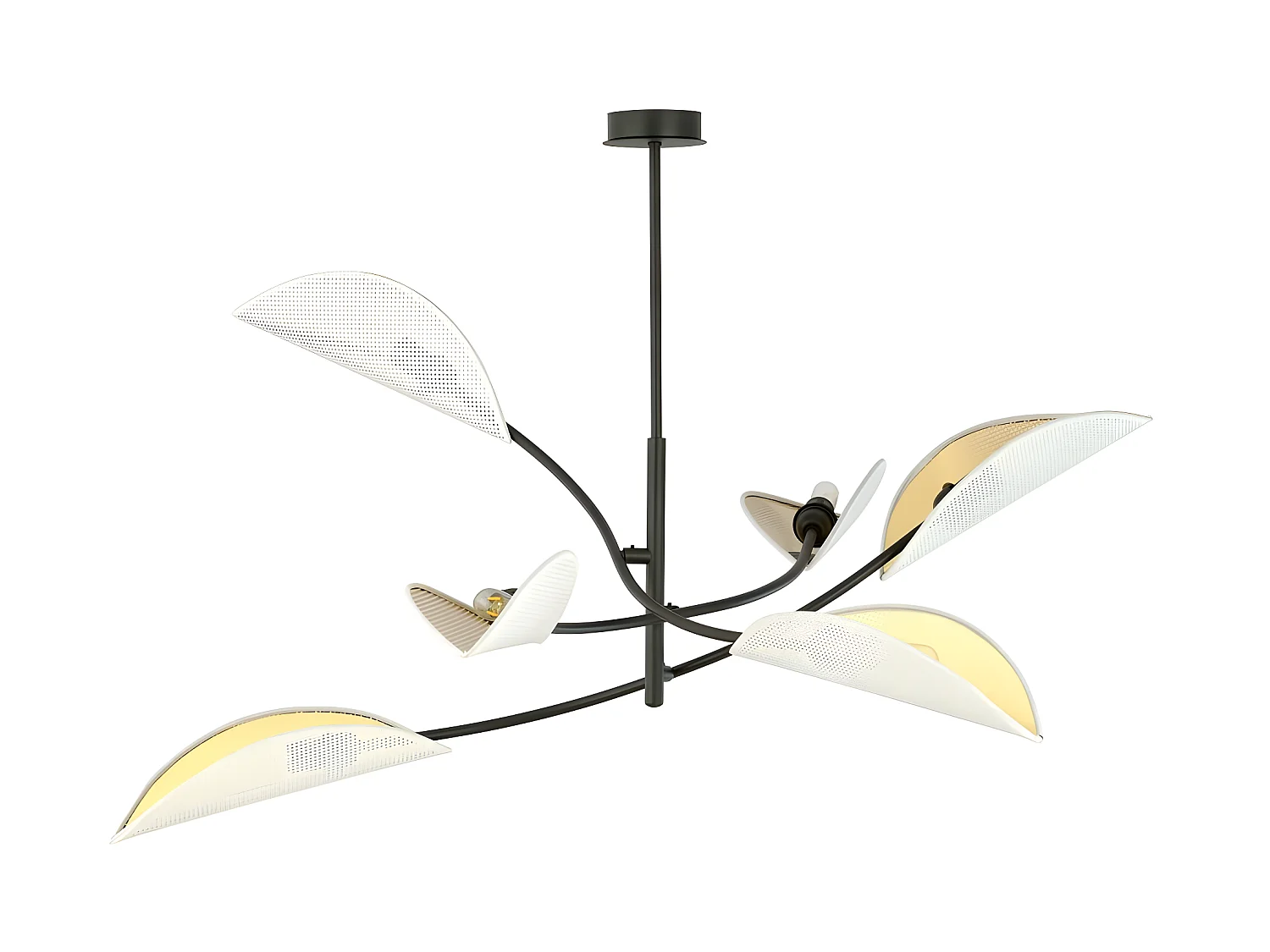 Kroonluchter Flik met 6 witte en bladgoud stoffen kapjes 6xE14 ø102