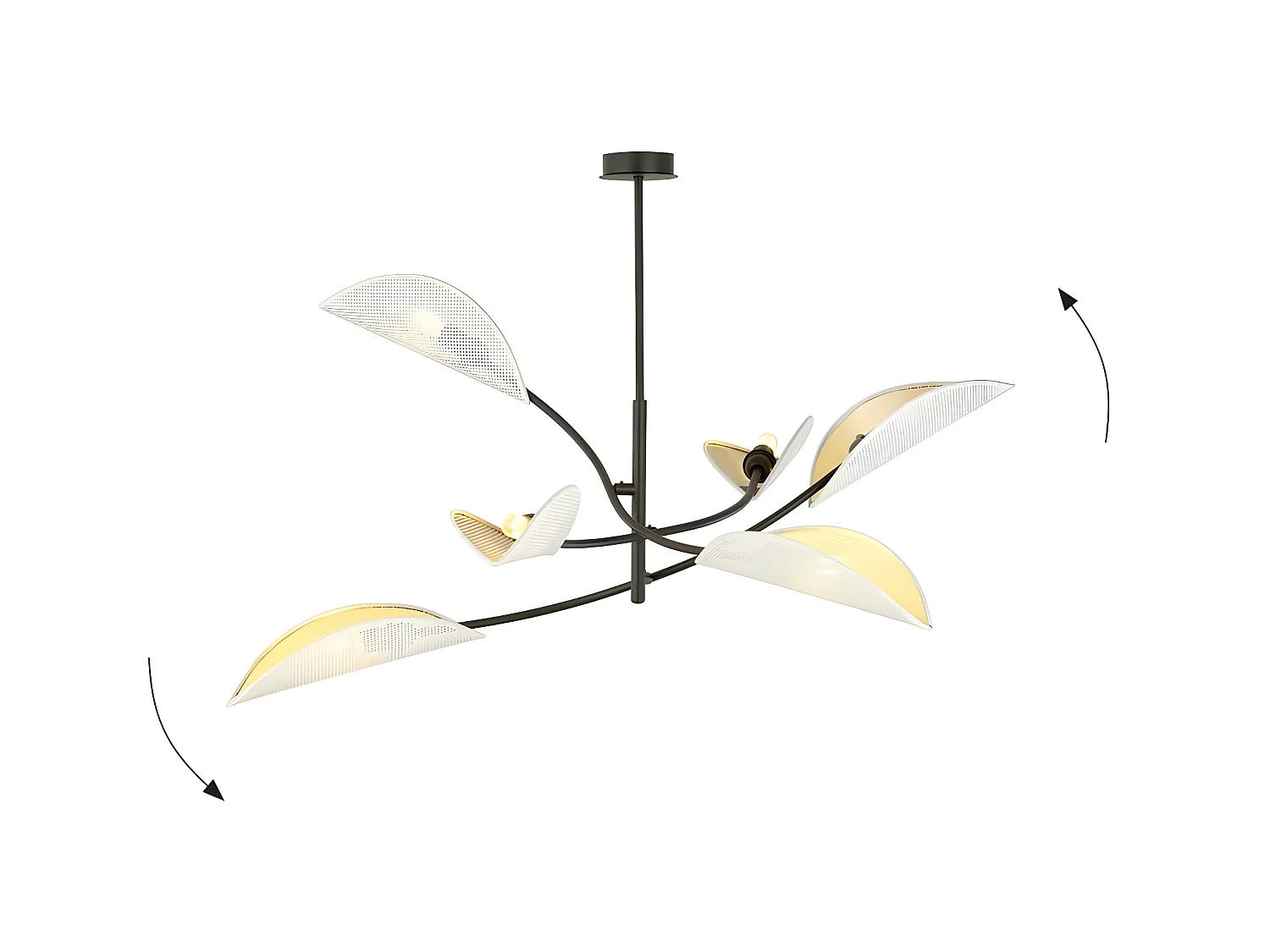 Kroonluchter Flik met 6 witte en bladgoud stoffen kapjes 6xE14 ø102