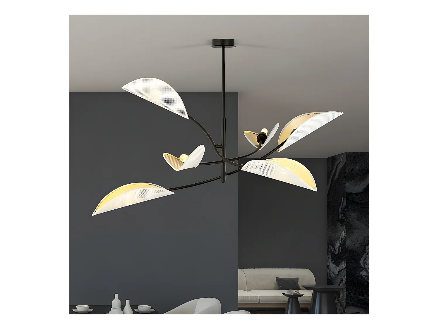 Kroonluchter Flik met 6 witte en bladgoud stoffen kapjes 6xE14 ø102