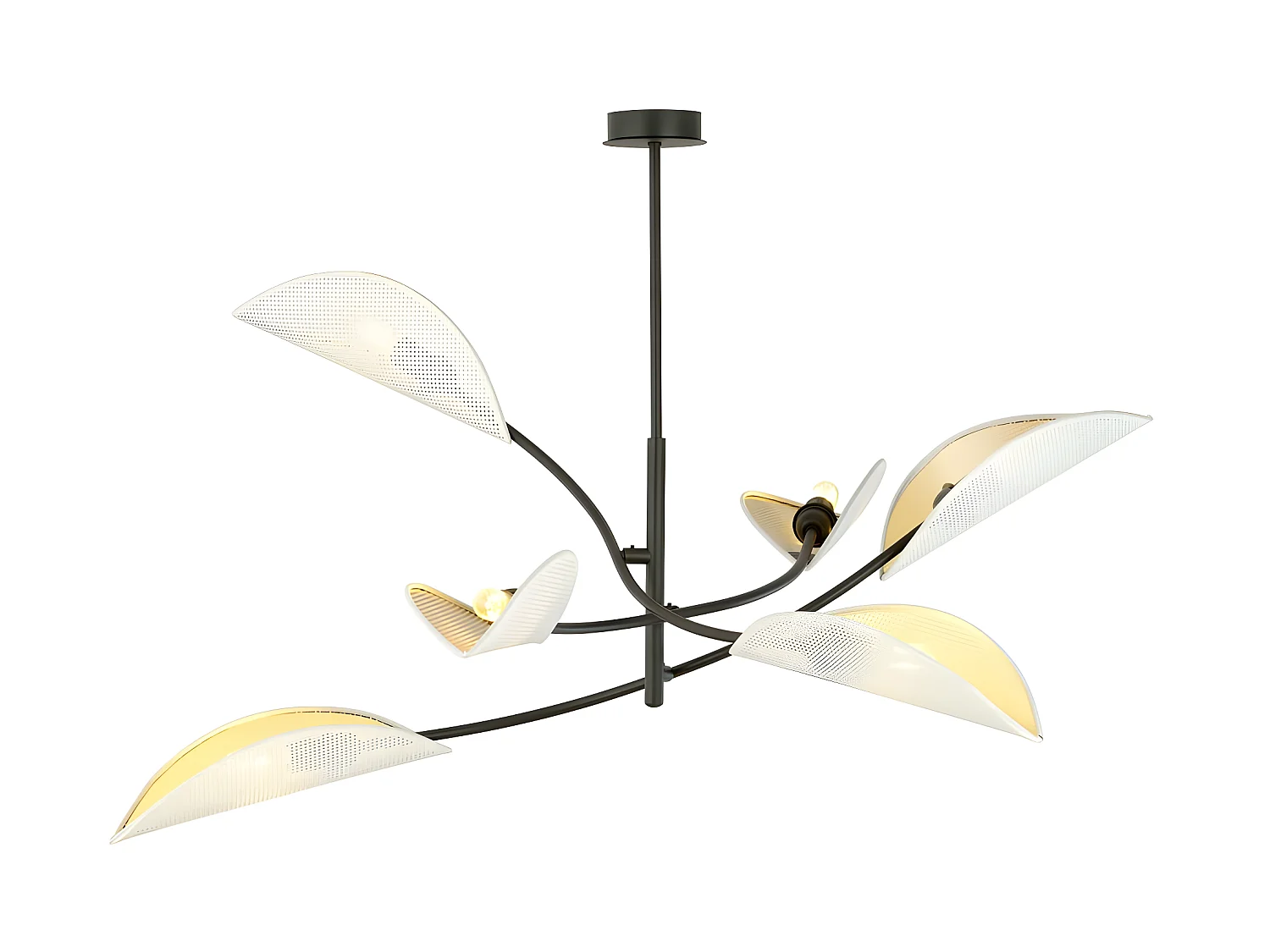 Kroonluchter Flik met 6 witte en bladgoud stoffen kapjes 6xE14 ø102