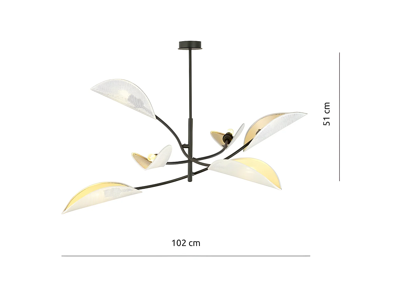Kroonluchter Flik met 6 witte en bladgoud stoffen kapjes 6xE14 ø102