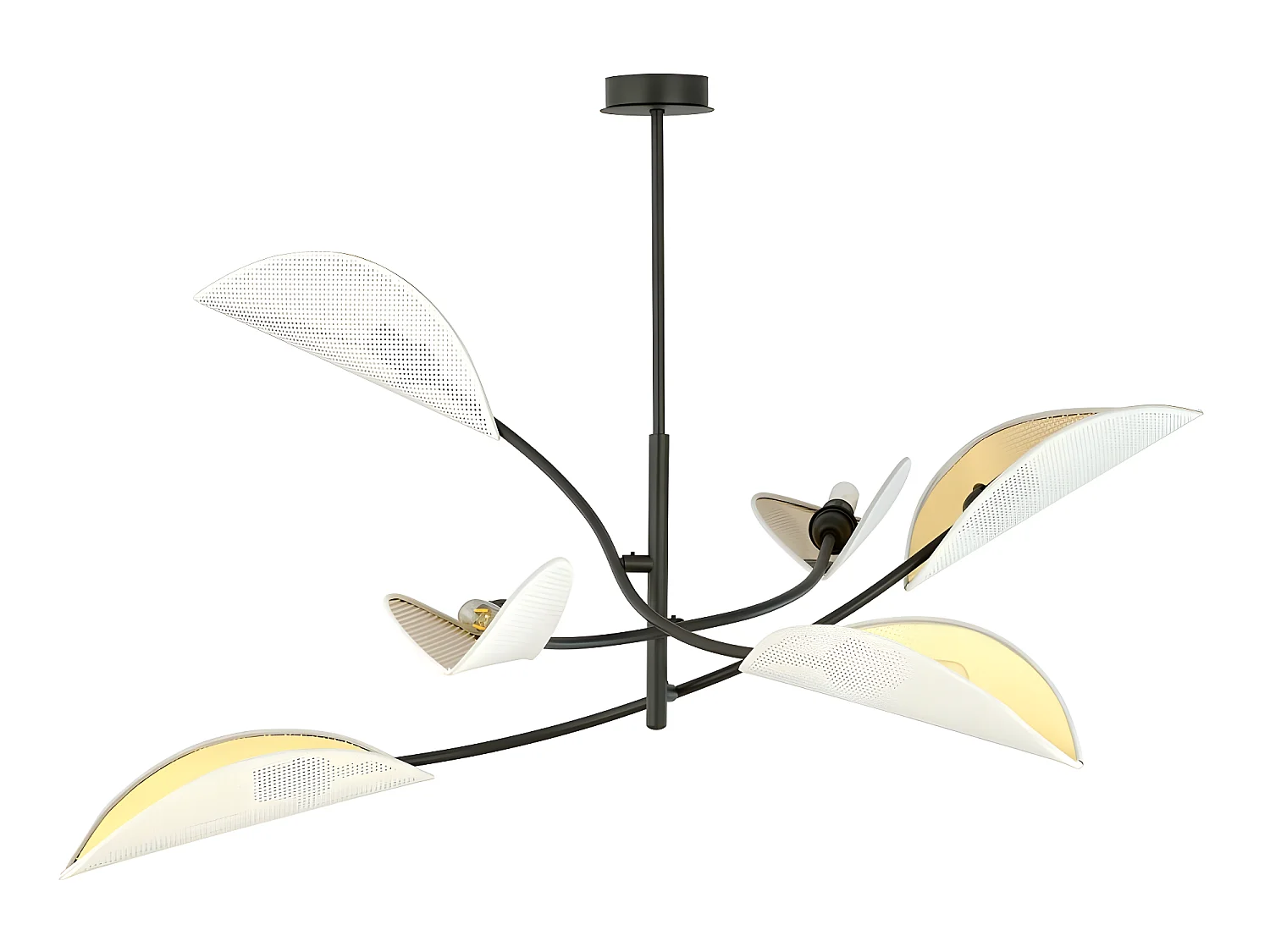 Lustre Flik avec 6 abat-jour en tissu en forme de feuille blanc et doré 6xE14 ø102