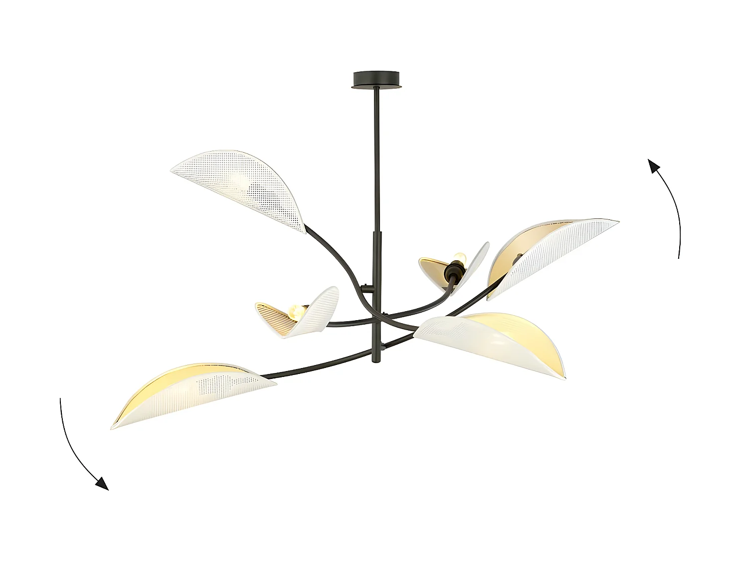 Lustre Flik avec 6 abat-jour en tissu en forme de feuille blanc et doré 6xE14 ø102