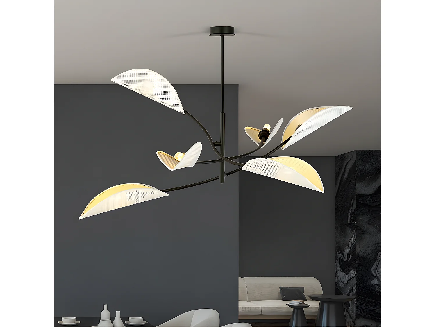 Lustre Flik avec 6 abat-jour en tissu en forme de feuille blanc et doré 6xE14 ø102