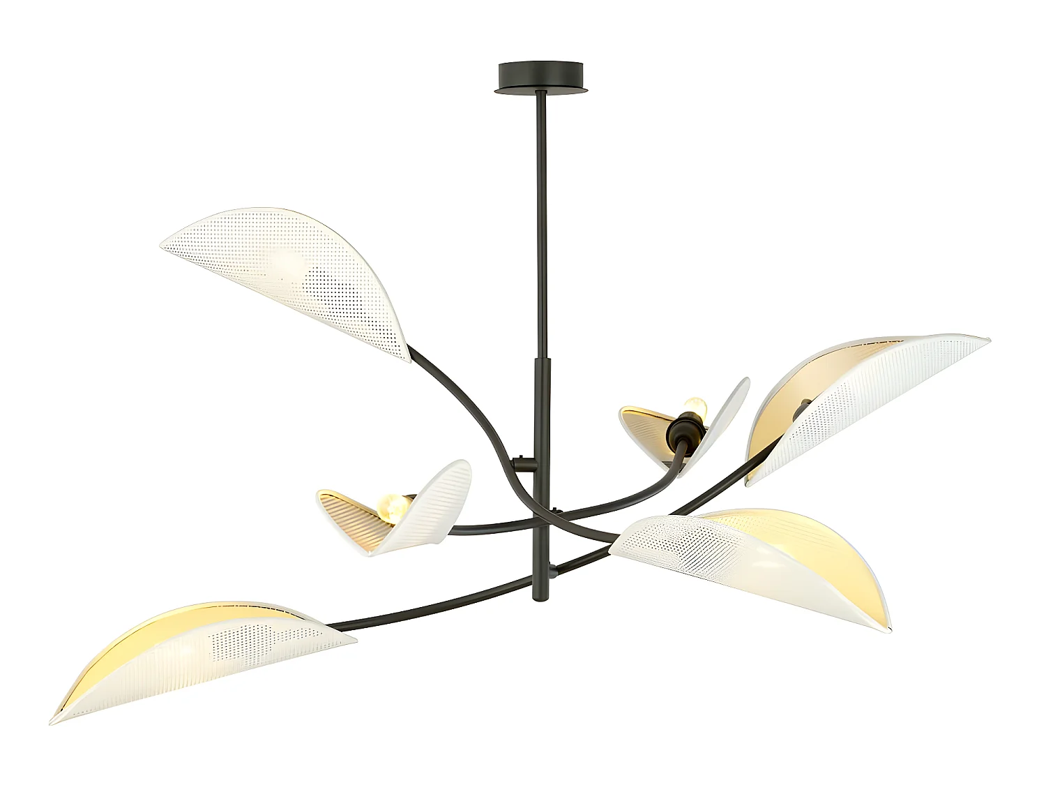 Lustre Flik avec 6 abat-jour en tissu en forme de feuille blanc et doré 6xE14 ø102