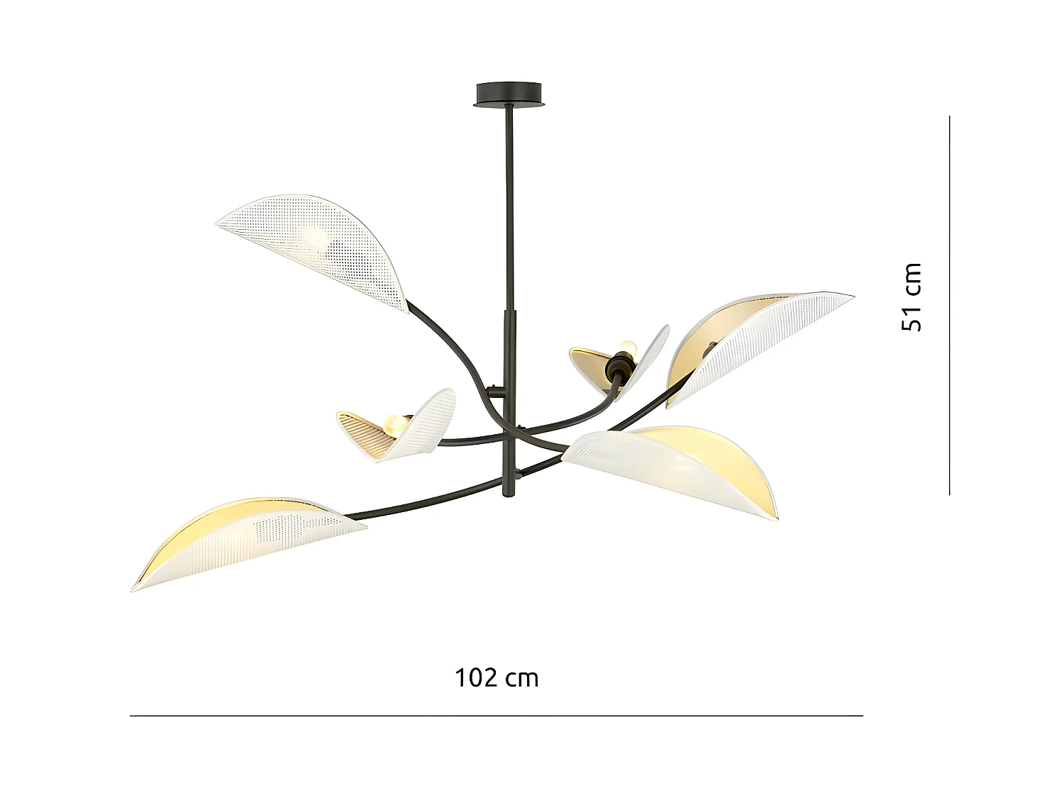 Lustre Flik avec 6 abat-jour en tissu en forme de feuille blanc et doré 6xE14 ø102