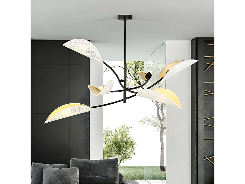 Lustre Flik avec 6 abat-jour en tissu en forme de feuille blanc et doré 6xE14 ø102