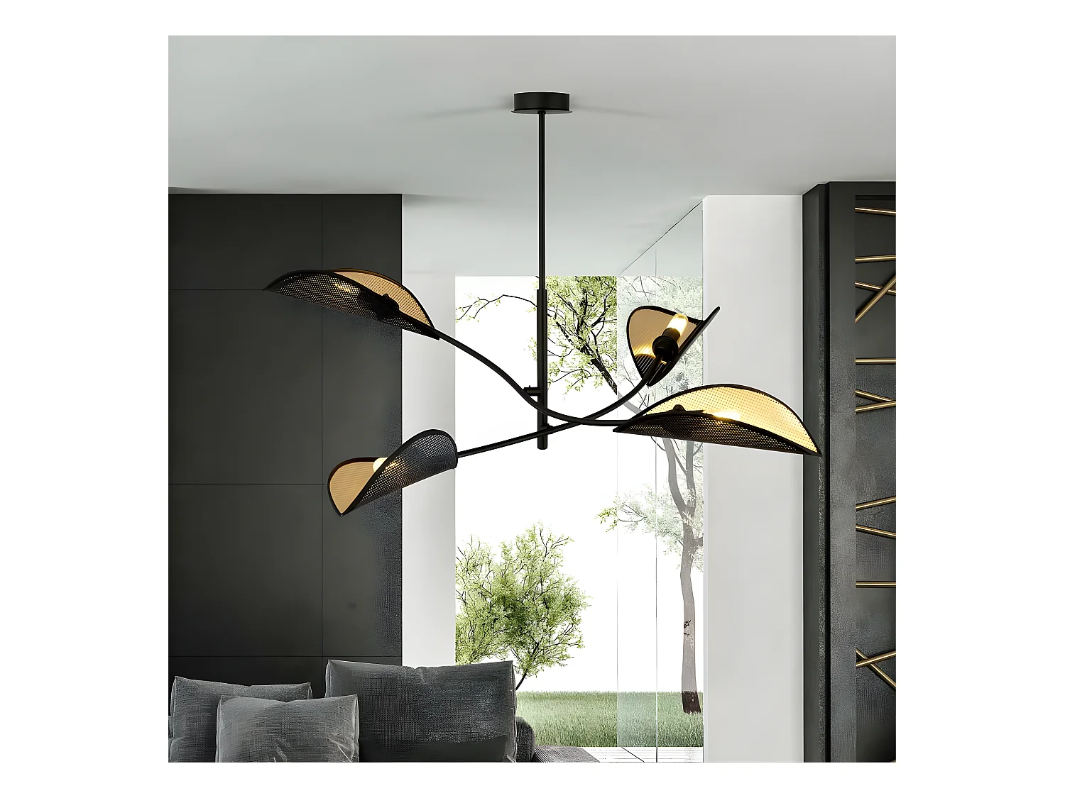Lustre Flik avec 4 abat-jour en tissu en forme de feuille noir et doré 4xE14 ø102cm