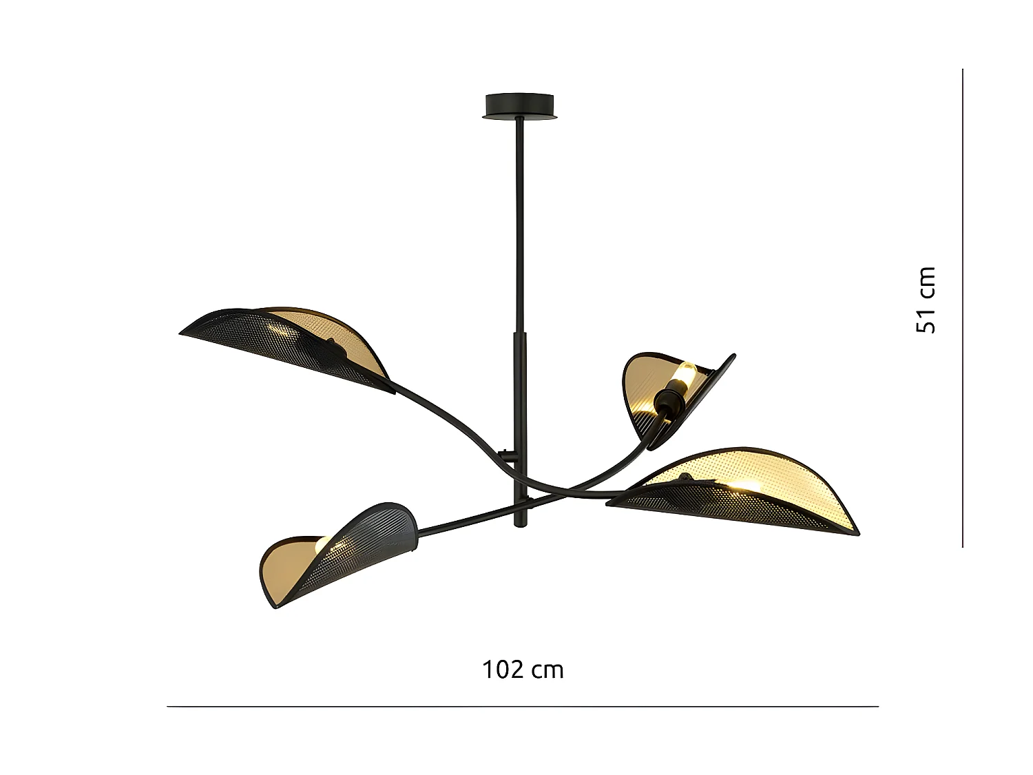 Lustre Flik avec 4 abat-jour en tissu en forme de feuille noir et doré 4xE14 ø102cm