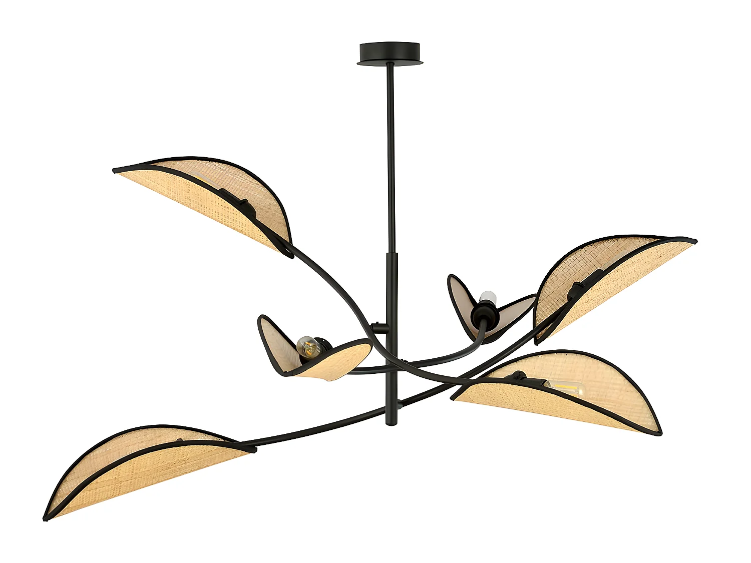 Lustre Flik avec 6 abat-jour en tissu en forme de feuille en rotin et noir 6xE14 ø102