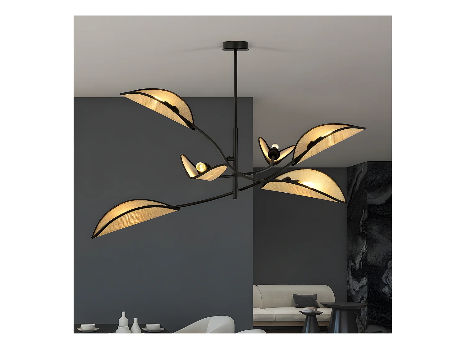 Lustre Flik avec 6 abat-jour en tissu en forme de feuille en rotin et noir 6xE14 ø102