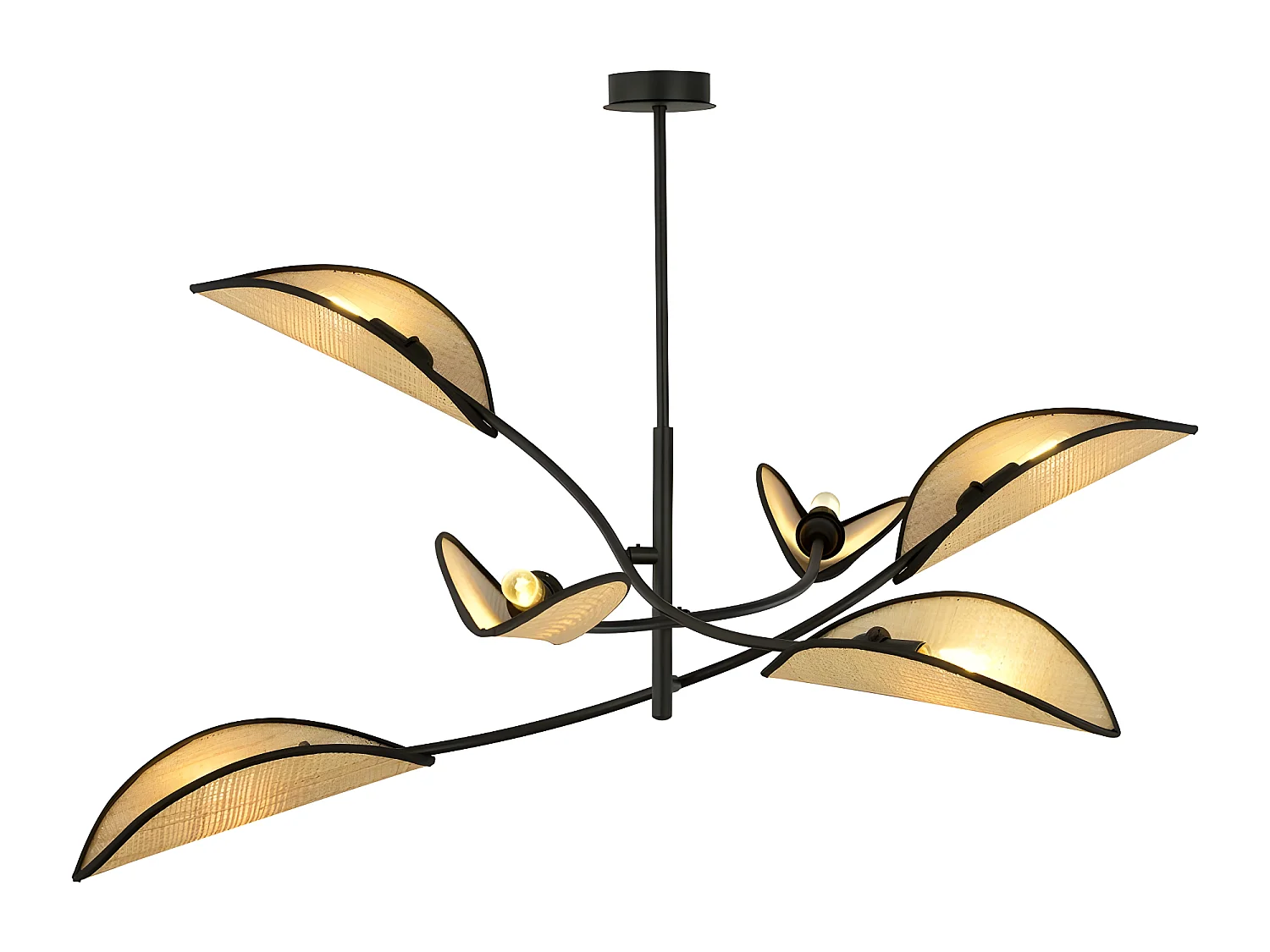 Lustre Flik avec 6 abat-jour en tissu en forme de feuille en rotin et noir 6xE14 ø102