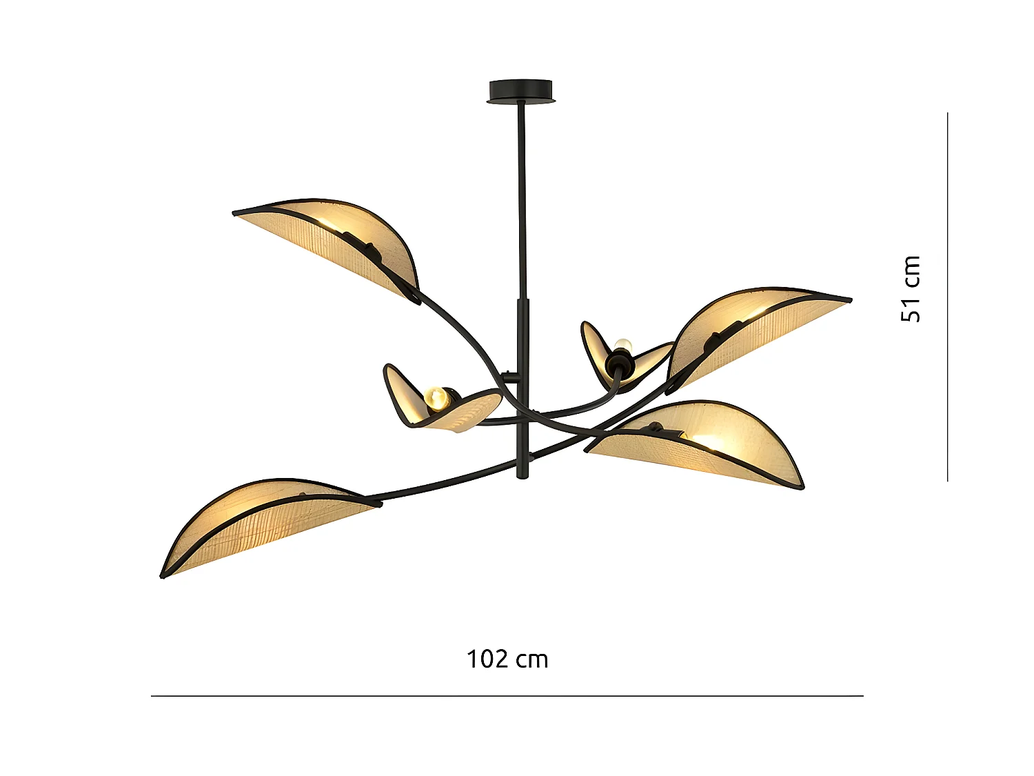 Lustre Flik avec 6 abat-jour en tissu en forme de feuille en rotin et noir 6xE14 ø102
