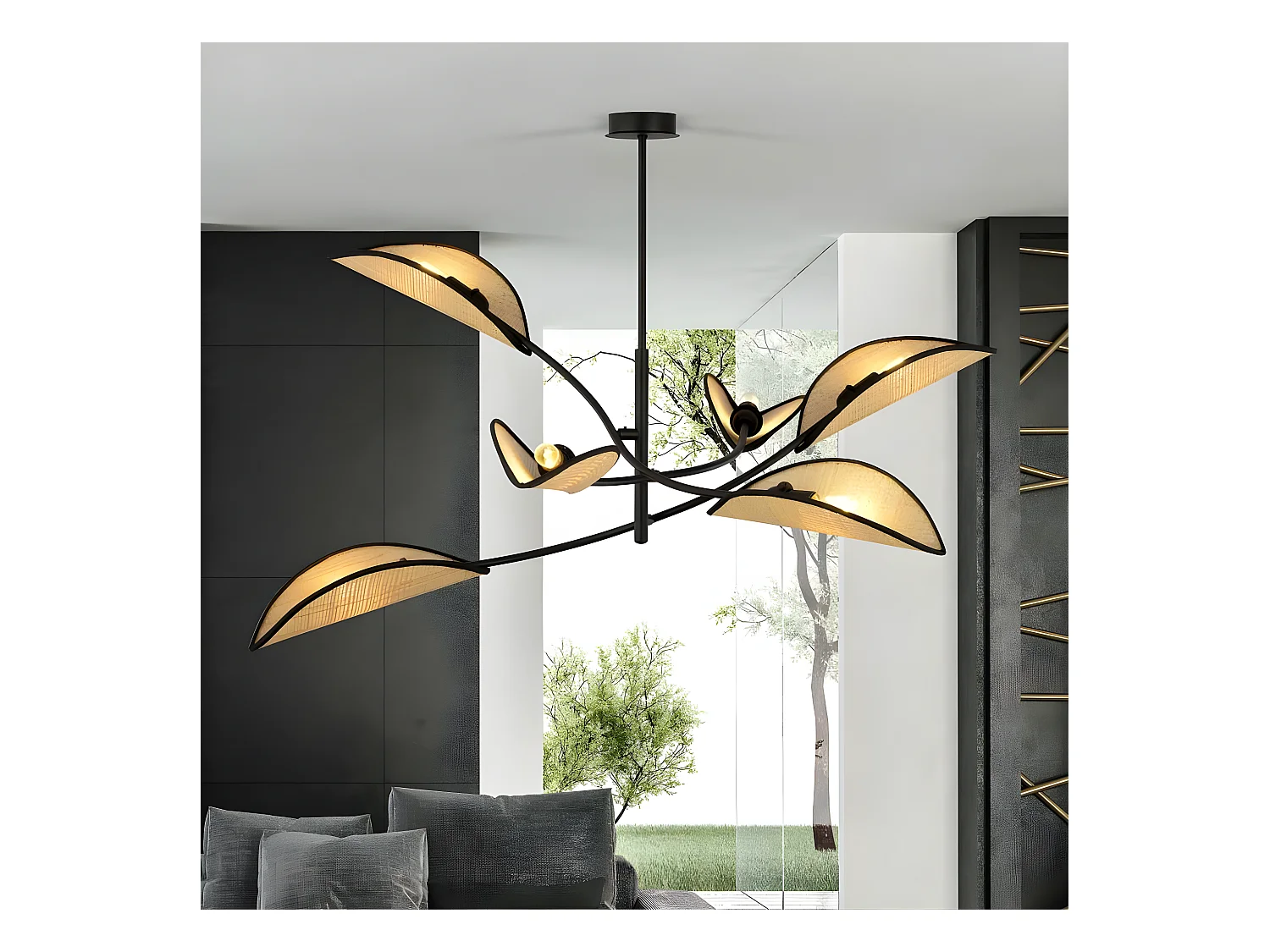 Lustre Flik avec 6 abat-jour en tissu en forme de feuille en rotin et noir 6xE14 ø102
