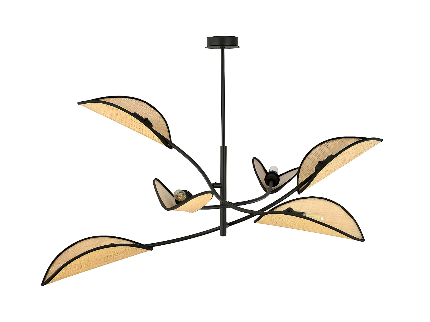 Lustre Flik avec 6 abat-jour en tissu en forme de feuille en rotin et noir 6xE14 ø102