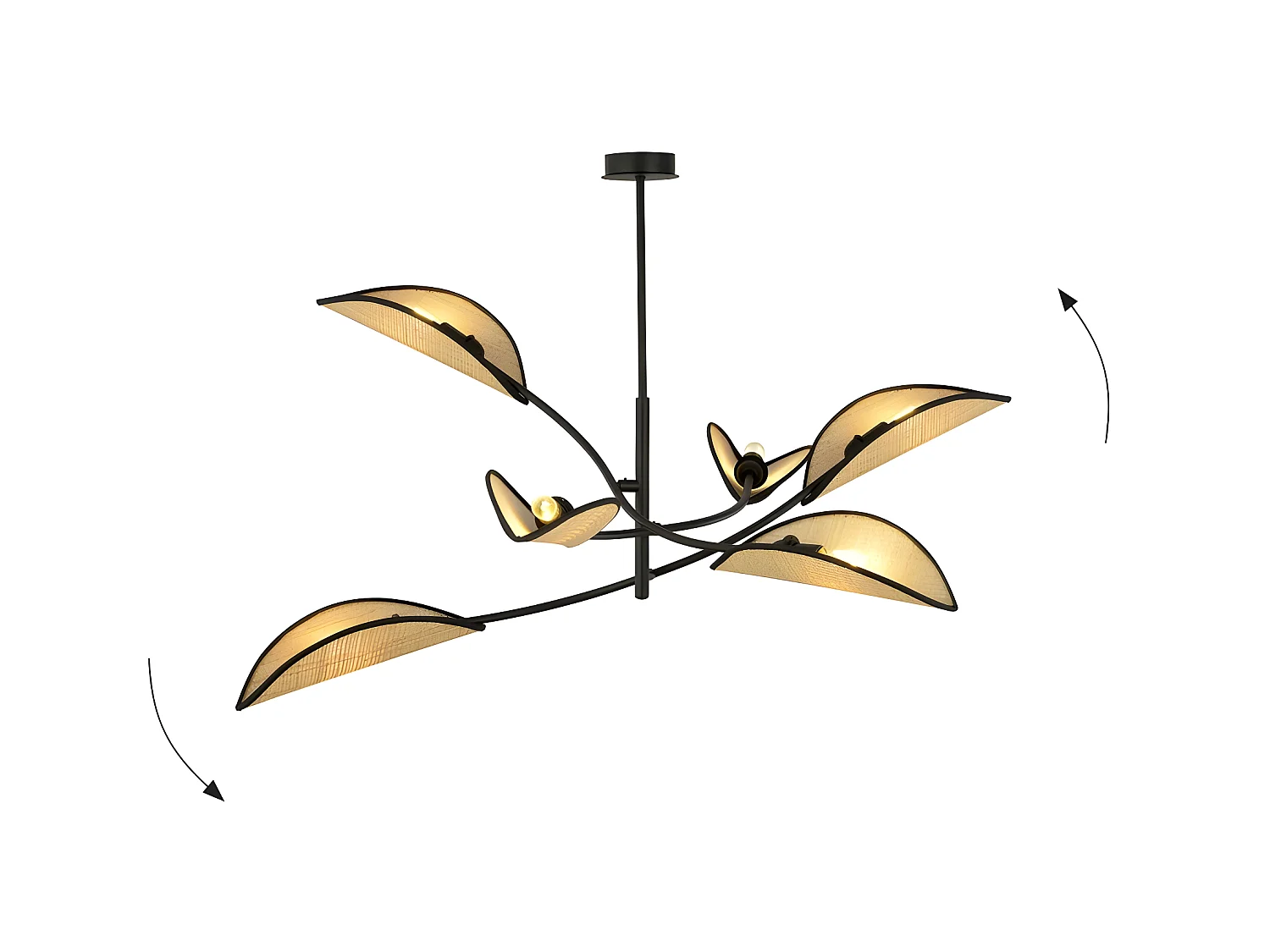 Lustre Flik avec 6 abat-jour en tissu en forme de feuille en rotin et noir 6xE14 ø102