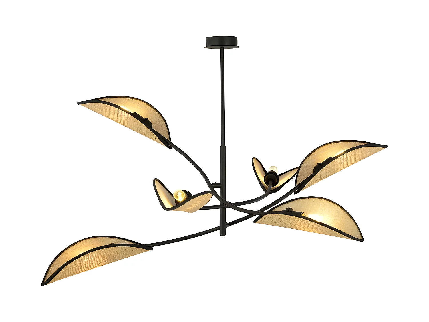 Lustre Flik avec 6 abat-jour en tissu en forme de feuille en rotin et noir 6xE14 ø102