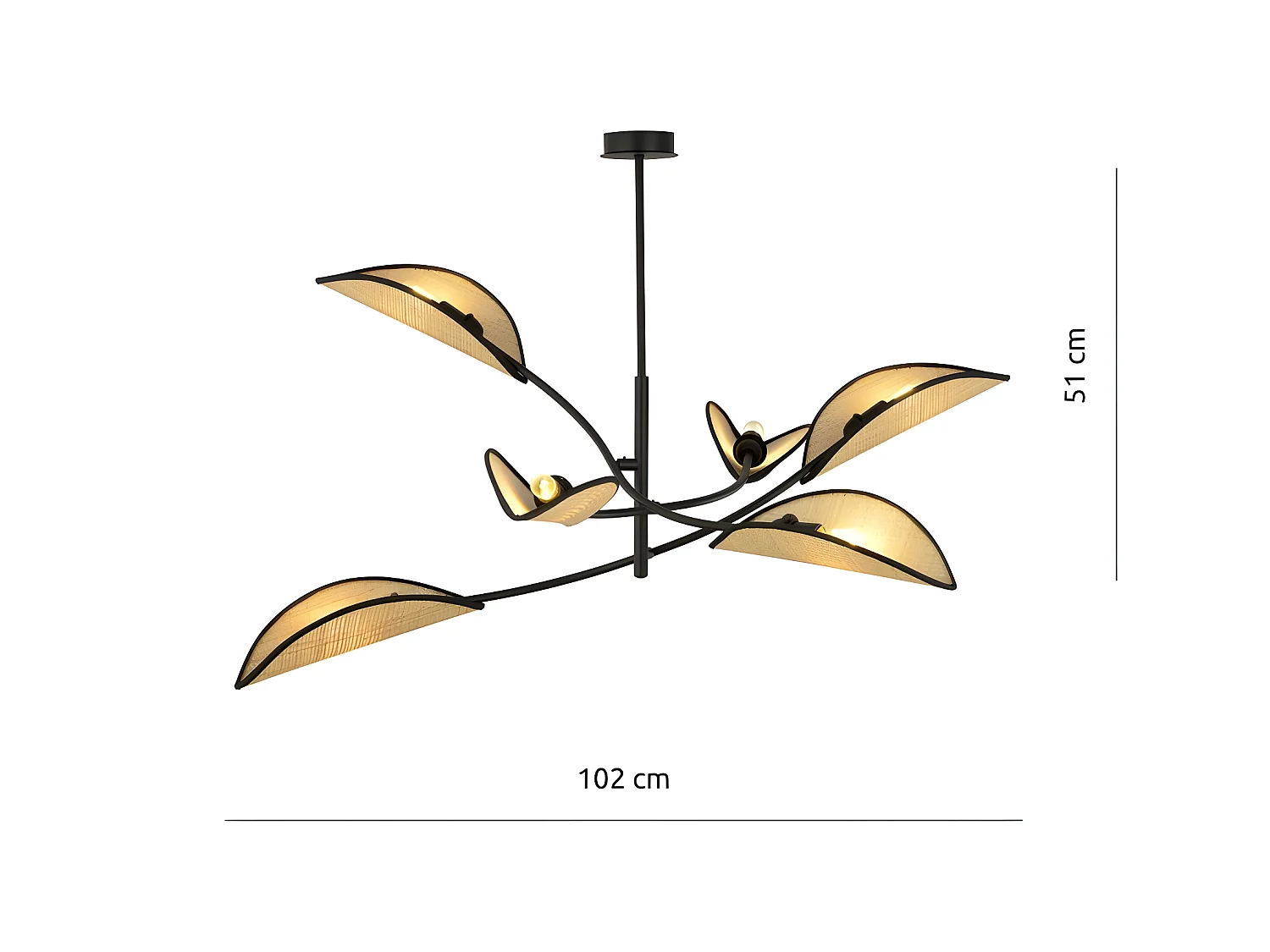 Lustre Flik avec 6 abat-jour en tissu en forme de feuille en rotin et noir 6xE14 ø102
