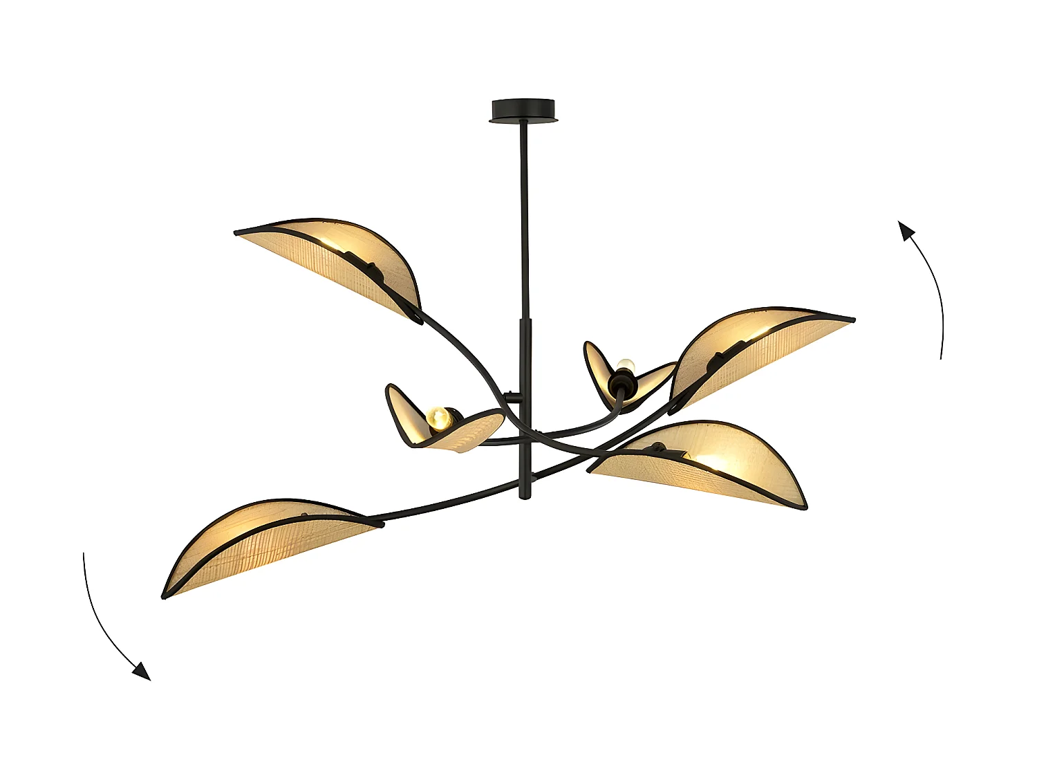 Lustre Flik avec 6 abat-jour en tissu en forme de feuille en rotin et noir 6xE14 ø102